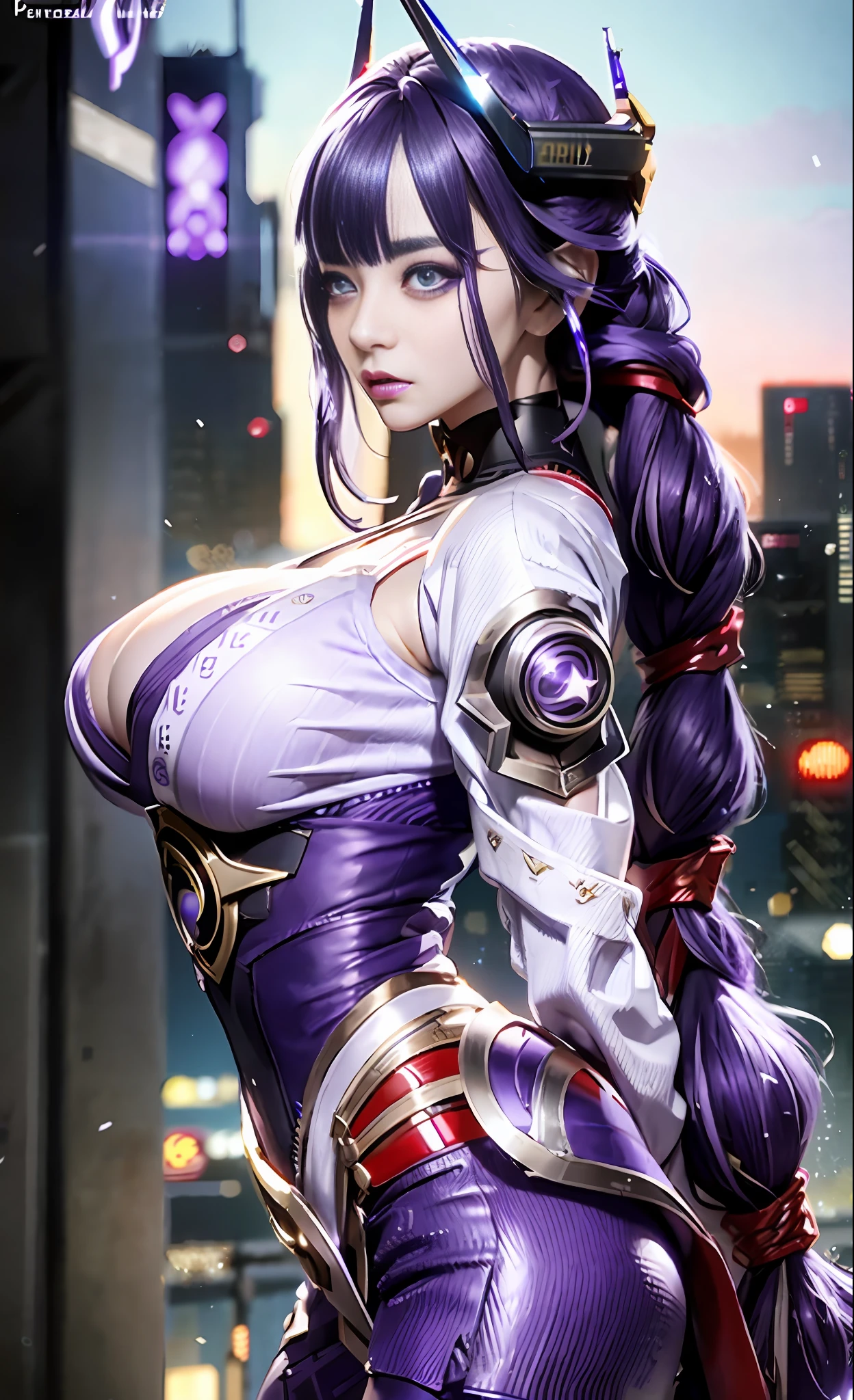 Unreal Engine 5 Realistic Render, ((portrait:1.2)), RaidenShogun, detailed clothes, white clothes, blunt bangs, braid, (huge breasts:1.1), cleavage, wide-sleeved kimono, hair ornament, white japanese clothes, (red obi:1.4), (purple hair:1.4), very long hair, straight hair, detailed face, cool face, (smooth chin:0.85), closed mouth, long eyelashes, sharp eyes, looking at viewer, beautiful eyes, detailed eyes, thick eyebrows, red eyeshadow, symmetry eyes, (ulzzang-6500:0.7), skirt, (from below:1.1), (cyberpunk city:1.4), from side, (rooftop:1.5), (star \(sky\):1.3), photon mapping, physically-based rendering, RAW photo, highly detailed background, high res, perspective, beautiful face, top body is hyper realistic thicc muscle and hyper largest_breasts!! with the type of boobs_melons, lower is huge buttocks, wet shiny body