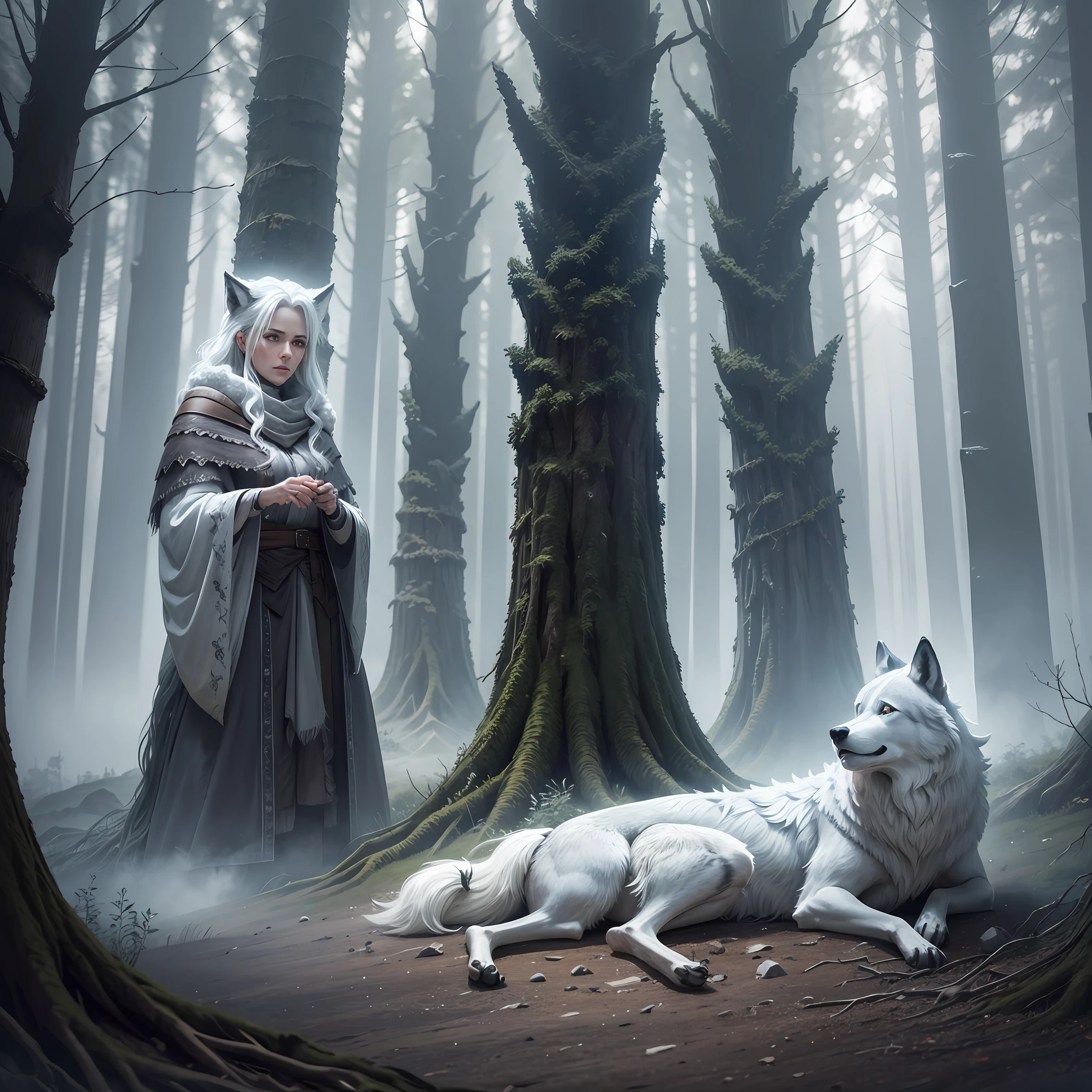 Rustic trees with wolves and a woman among them with white hair curled up with grayish sky and lots of fog super realistic image that conveys fear the dark night very realistic dark image image with a lot of detail and realistic --auto
