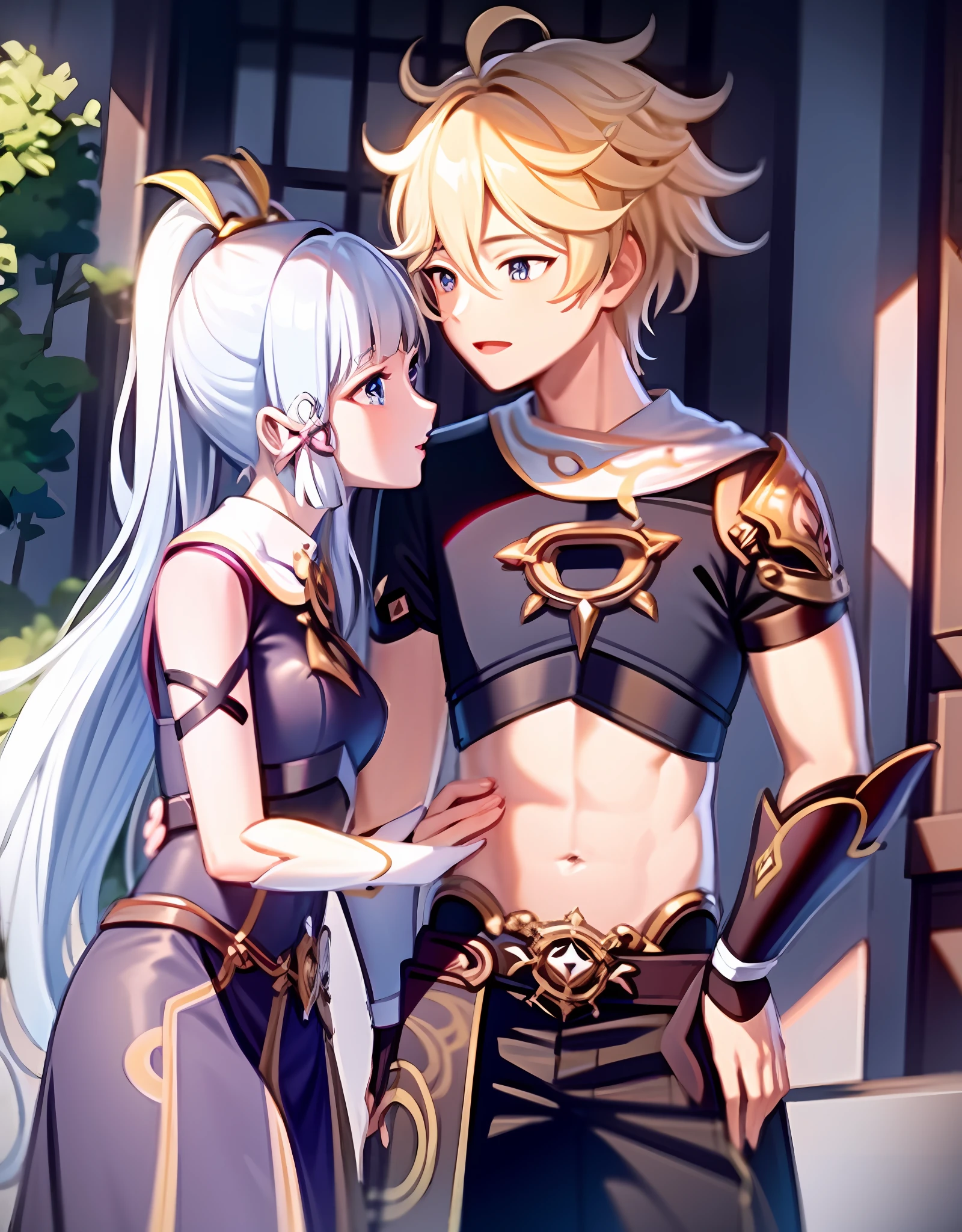 anime couple, aether and ayaka kissing, soft kiss, 1boy 1girl, cute, loving, peck, detailed faces, detailed hair, masterpiece, best quality, aether yellow hair\(genshin impact\), kamisato_ayaka, arm guards, armored dress, breastplate, ayaka hair ornament,cowboy shot,ponytail, blunt bangs,blue eyes, smile, closed mouth, eyebrows visible through hair, long hair, silver hair, medium bust