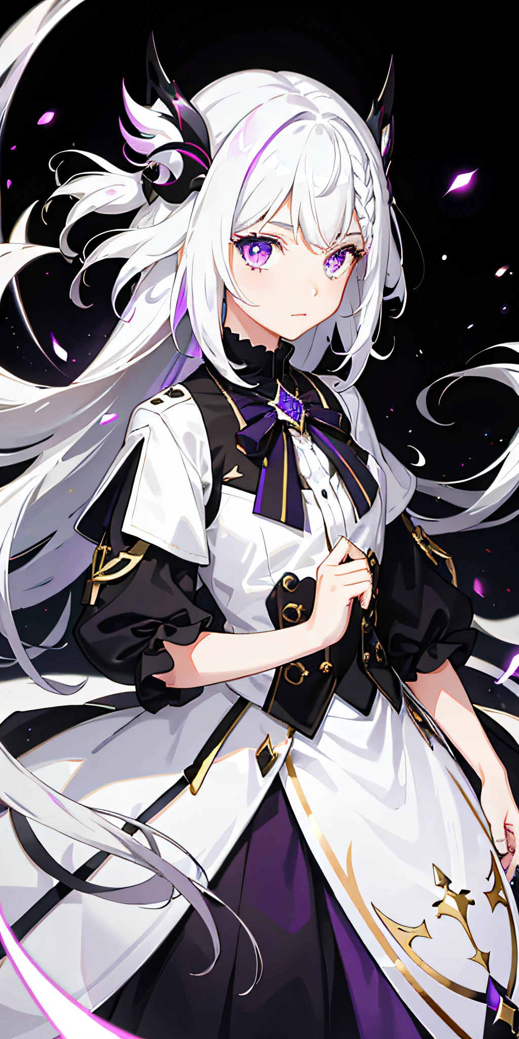 1girl, white hair, multicolored hair, purple eyes, mask on head, sidelighting, light particles, wallpaper,