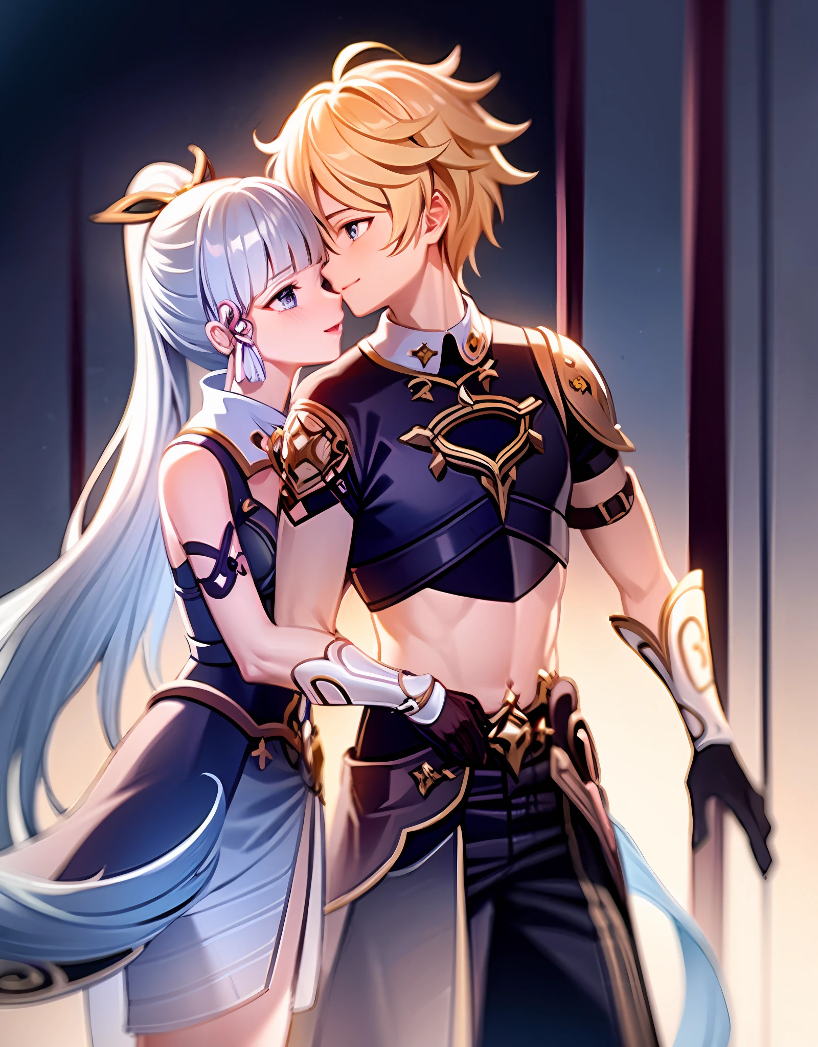 anime couple, aether and ayaka kissing, soft kiss, 1boy 1girl, cute, loving, peck, detailed faces, detailed hair, masterpiece, best quality, aether yellow hair\(genshin impact\), kamisato_ayaka, arm guards, armored dress, breastplate, ayaka hair ornament,cowboy shot,ponytail, blunt bangs,blue eyes, smile, closed mouth, eyebrows visible through hair, long hair, silver hair, medium bust