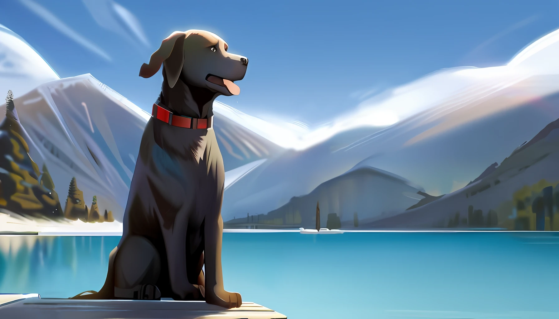 Create a Labrador swimming in a beautiful lagoon with a mountain background.