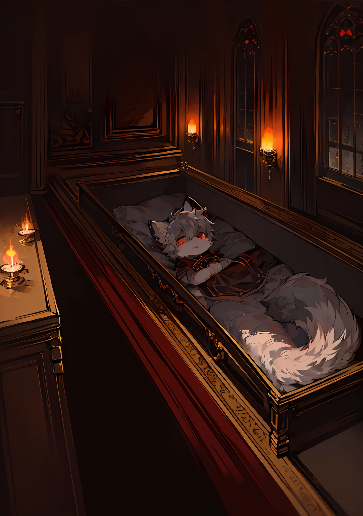 (Dark Environment: 0.8), Masterpiece, High Quality, Abstract Res, Digital Painting\(artwork\), by Dagasi, Yupa, Kiyosan, (Anthro, Fluffy Fur, Character Focus: 1.1), Anthro Male Cat, Short Hair, Portrait , bright eyes, panorama, character focus. (Detailed background: 0.7), Solo, Furry, Furry Male, Male Focus, Anthr, (Full body fur, Fluffy tail, White fur, Red eyes, Gray hair: 1.2), (Canids, vampires, capes: 1.2), (Interior, Night, Castle, Coffin: 1.1), Urine, Urine