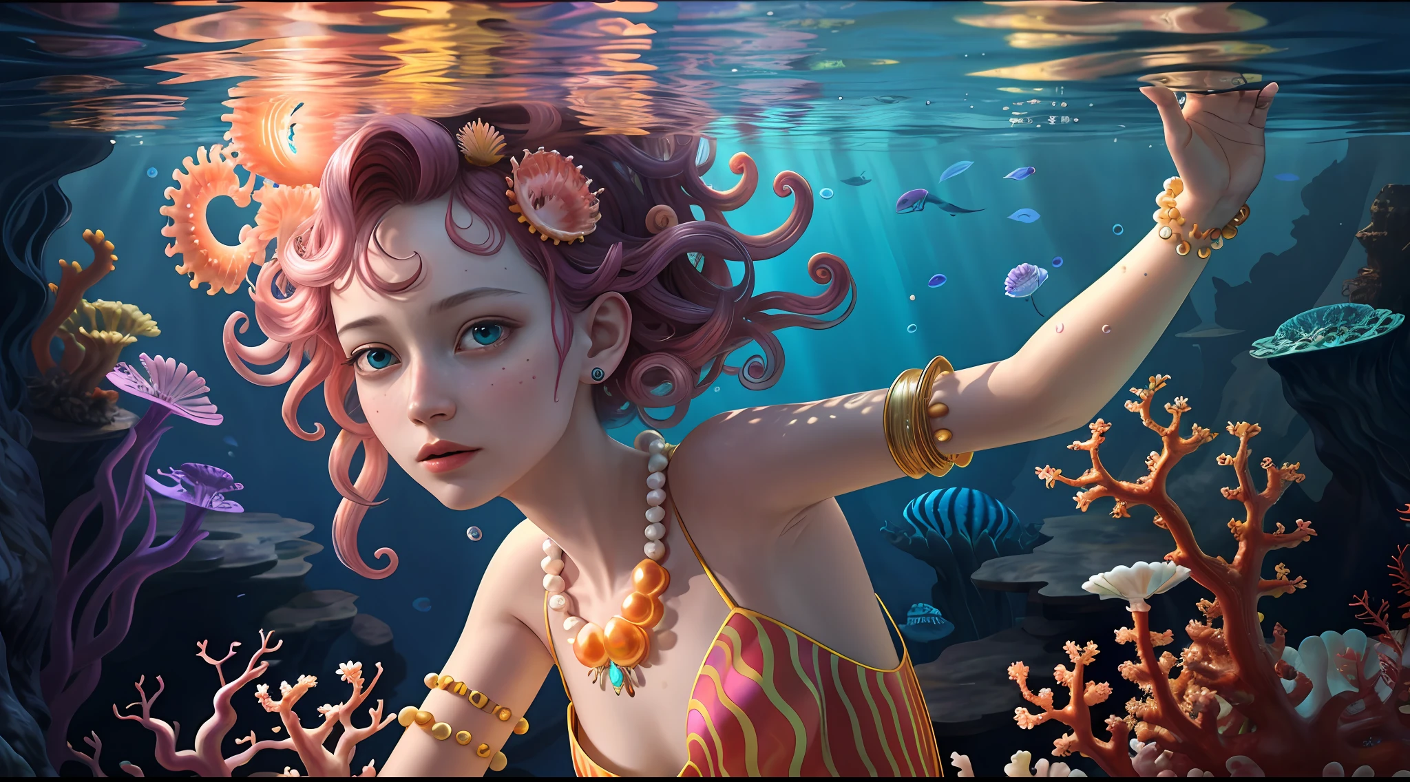 Colorful, master composition, focus on key figures, realism, masterpiece, award-winning, best quality, masterpiece, ultra-detailed, 8K, extremely detailed CG Unity 8k wallpaper, complex, highly detailed, realistic, "under water, intricate details, macro shot glowing jellyfish girl, coral, light bulb, brightness, (neutral color: 1.2), ultra-detailed, cinematic, complex background, huge ocean twisted Mandelbrot fractal shell, golden pearl nacre, hyper detail, ArtStation, Octane Renderer, (Color Acne: 1.3)",