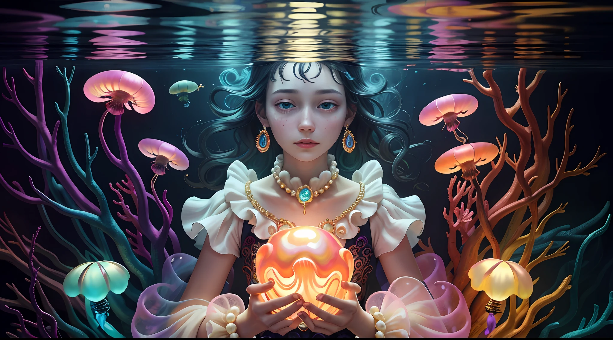 Colorful, master composition, focus on key figures, realism, masterpiece, award-winning, best quality, masterpiece, ultra-detailed, 8K, extremely detailed CG Unity 8k wallpaper, complex, highly detailed, realistic, "under water, intricate details, macro shot glowing jellyfish girl, coral, light bulb, brightness, (neutral color: 1.2), ultra-detailed, cinematic, complex background, huge ocean twisted Mandelbrot fractal shell, golden pearl nacre, hyper detail, ArtStation, Octane Renderer, (Color Acne: 1.3)",