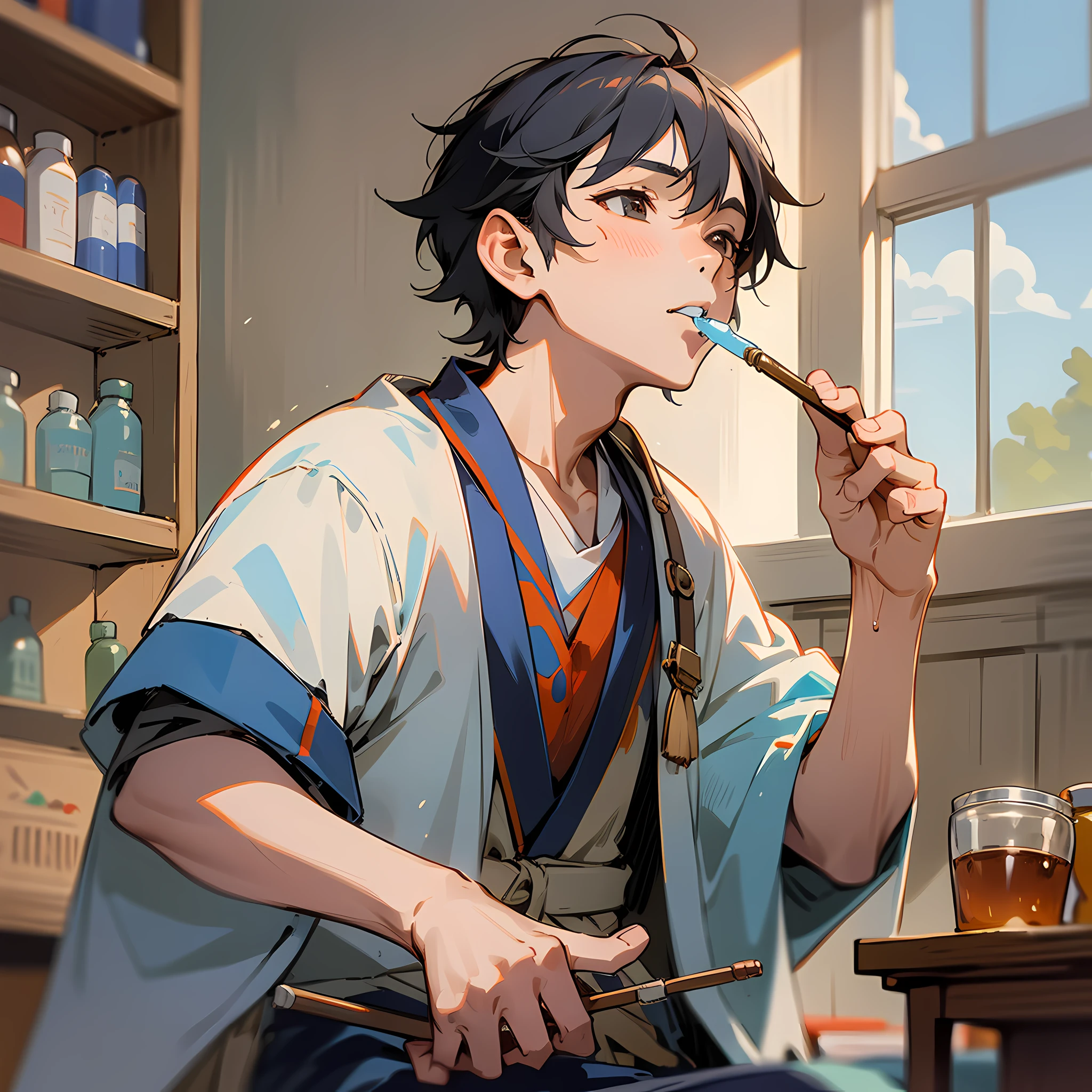 The boy, who was pounding medicine, held a medicine stick in his hand, looked up