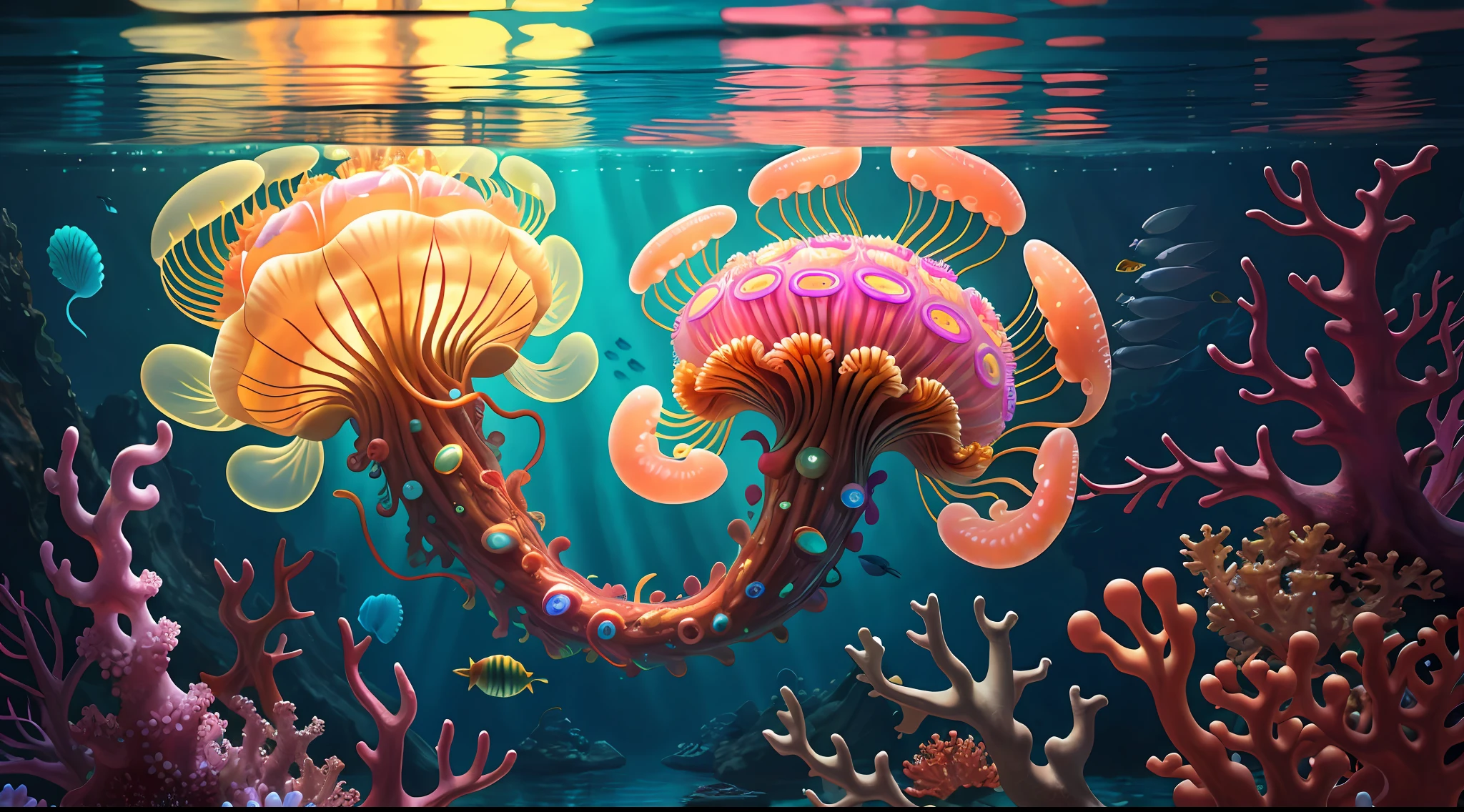 Colorful, master composition, focus on key figures, realism, masterpiece, award-winning, best quality, masterpiece, ultra-detailed, 8K, extremely detailed CG Unity 8k wallpaper, complex, highly detailed, realistic, "under water, intricate details, macro shot glowing jellyfish girl, coral, light bulb, brightness, (neutral color: 1.2), ultra-detailed, cinematic, complex background, huge ocean twisted Mandelbrot fractal shell, golden pearl nacre, hyper detail, ArtStation, Octane Renderer, (Color Acne: 1.3)",