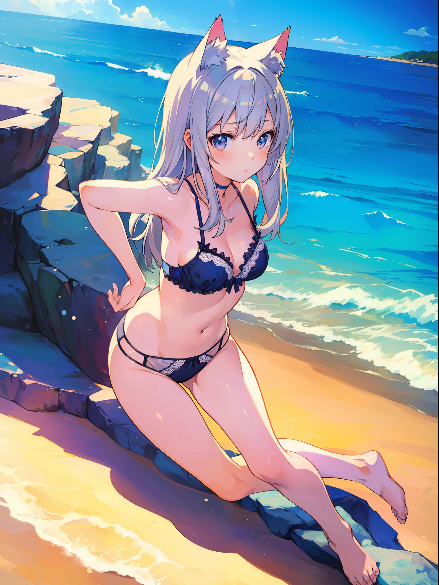 (Masterpiece), (Best Definition Anime Illustration), (Super Definition), One Girl, Solo, Silver-haired Beautiful Girl, Anime Loli, Cat Ear Loli, Sexy Lingerie, Sexy Pose, Beach