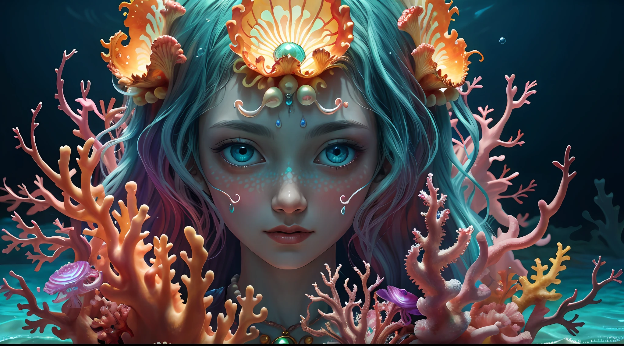 Colorful, master composition, focus on key figures, realism, masterpiece, award-winning, best quality, masterpiece, ultra-detailed, 8K, extremely detailed CG Unity 8k wallpaper, complex, highly detailed, realistic, "under water, intricate details, macro shot glowing jellyfish girl, coral, light bulb, brightness, (neutral color: 1.2), ultra-detailed, cinematic, complex background, huge ocean twisted Mandelbrot fractal shell, golden pearl nacre, hyper detail, ArtStation, Octane Renderer, (Color Acne: 1.3)",