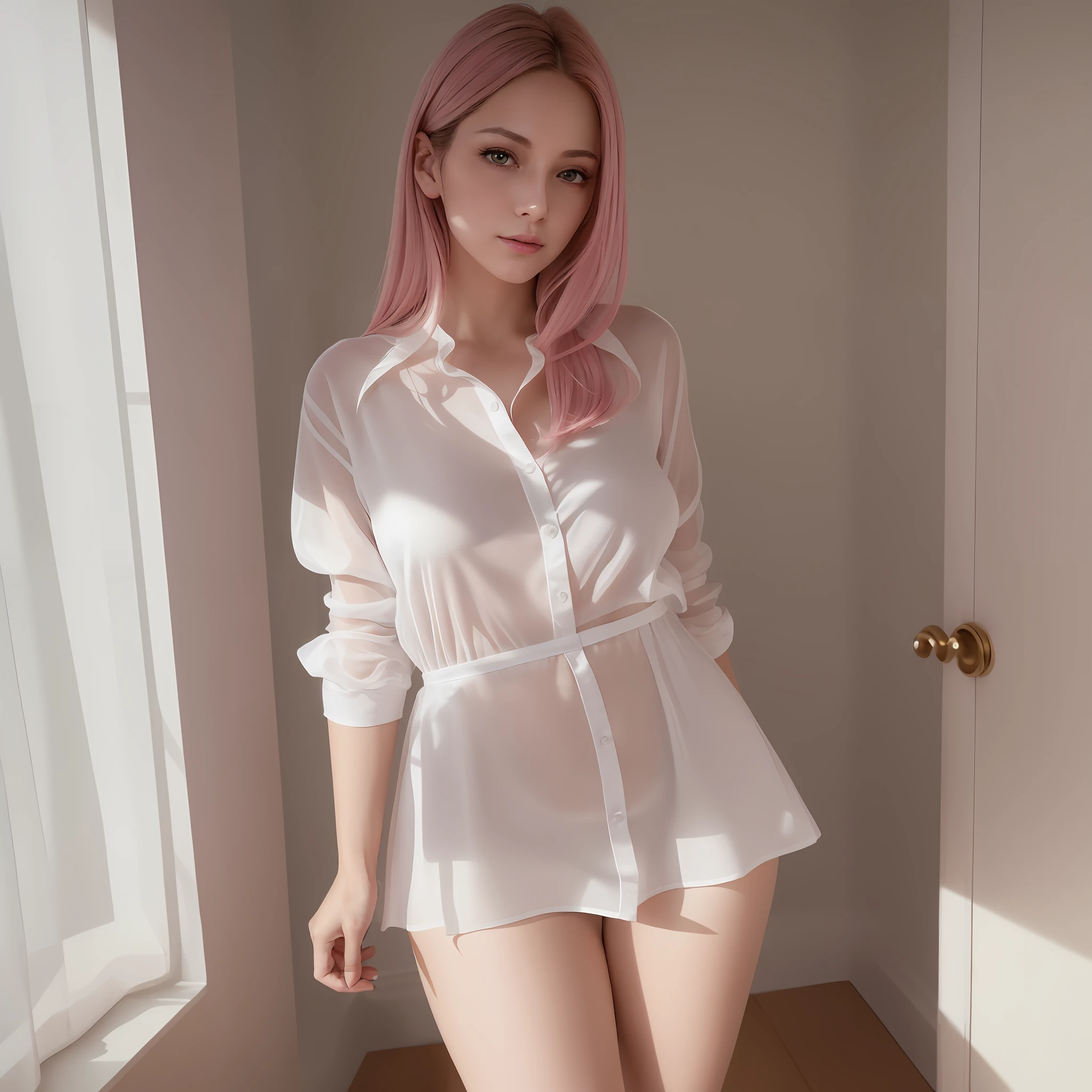 4K ultra-clear quality real photos, real people, realistic, mature beauty, delicate and clear facial features, smart and beautiful eyes, pink lips, plump breasts, small waist, long legs, perfect proportions of the body, perfect hands, white shirt, white short skirt, standing and looking at the camera --auto --s2