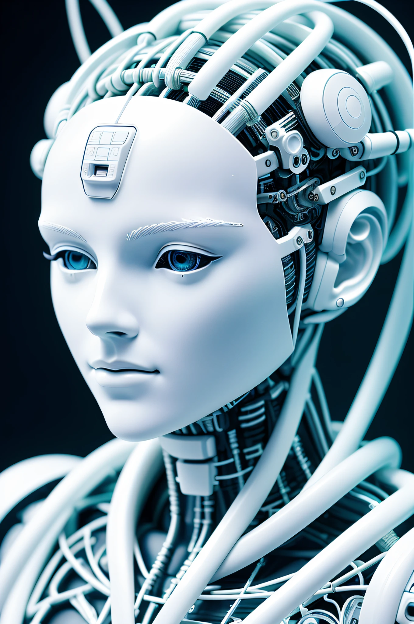 electronic system on head humanoid |cyborg woman| with a visible detailed brain| with a visible detailed heart| muscles cable wires| biopunk| cybernetic| cyberpunk| white marble bust| canon m50| 100mm| sharp focus| smooth| hyperrealism| highly detailed| intricate details| carved by michelangelo
