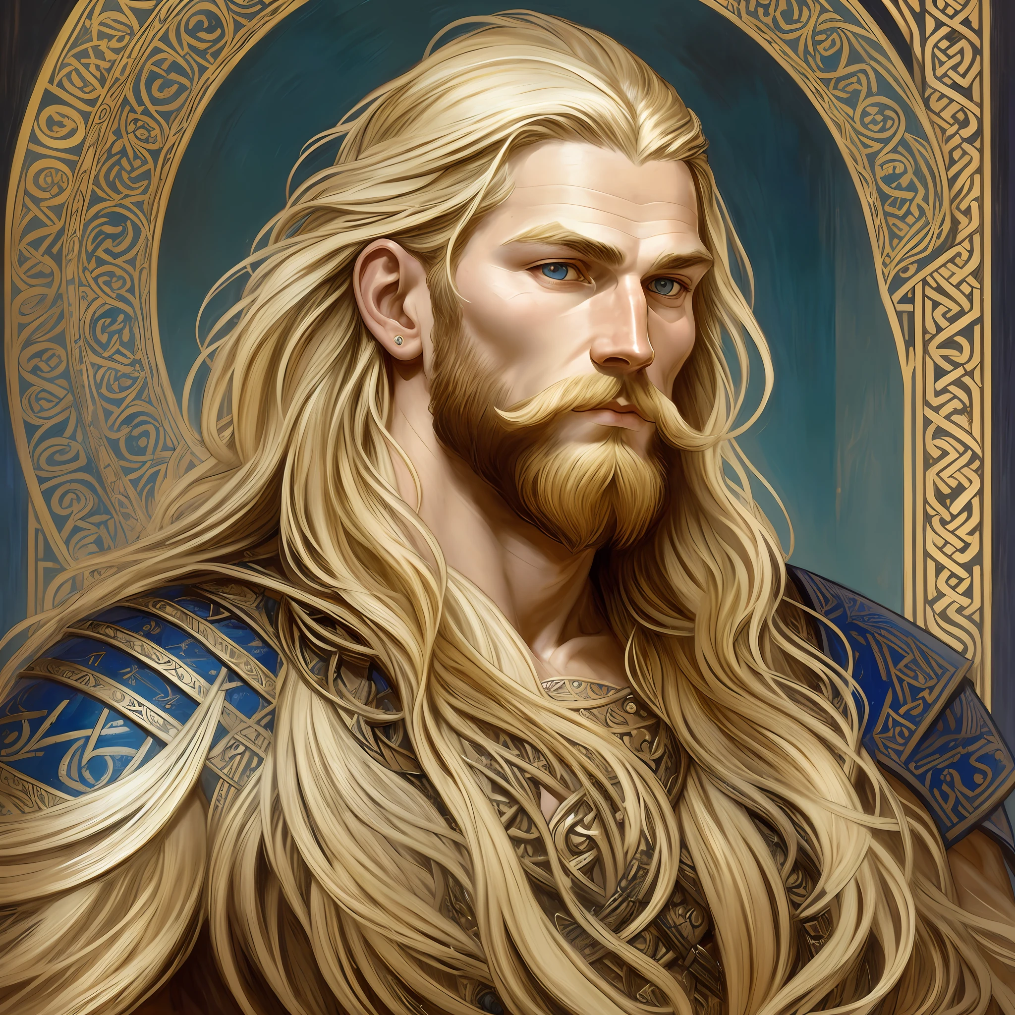painted portrait of viking, robust, long hair, few tattoos, beautiful, blonde hair, male, mature, beautiful, upper body, muscular, hairy torso, fantasy, intricate, elegant, highly detailed, digital painting, art station, conceptual art, smooth, sharp focus, illustration, art by gaston bussiere and alphonse mucha --auto --s2