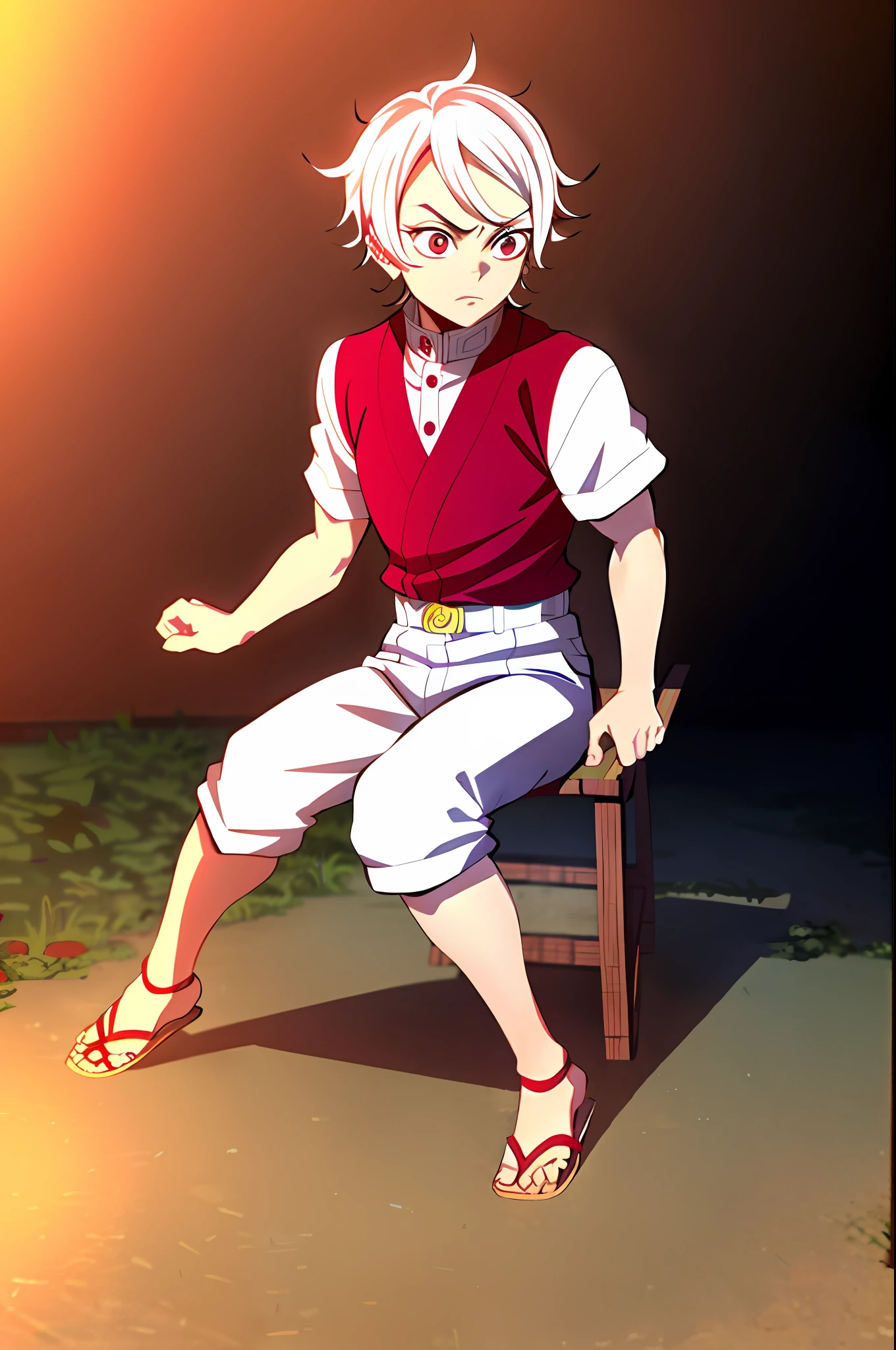 kimetsu in yaiba style, 1boy, red, beautiful angle, haori, outdoor, anime coloring, ((masterpiece))