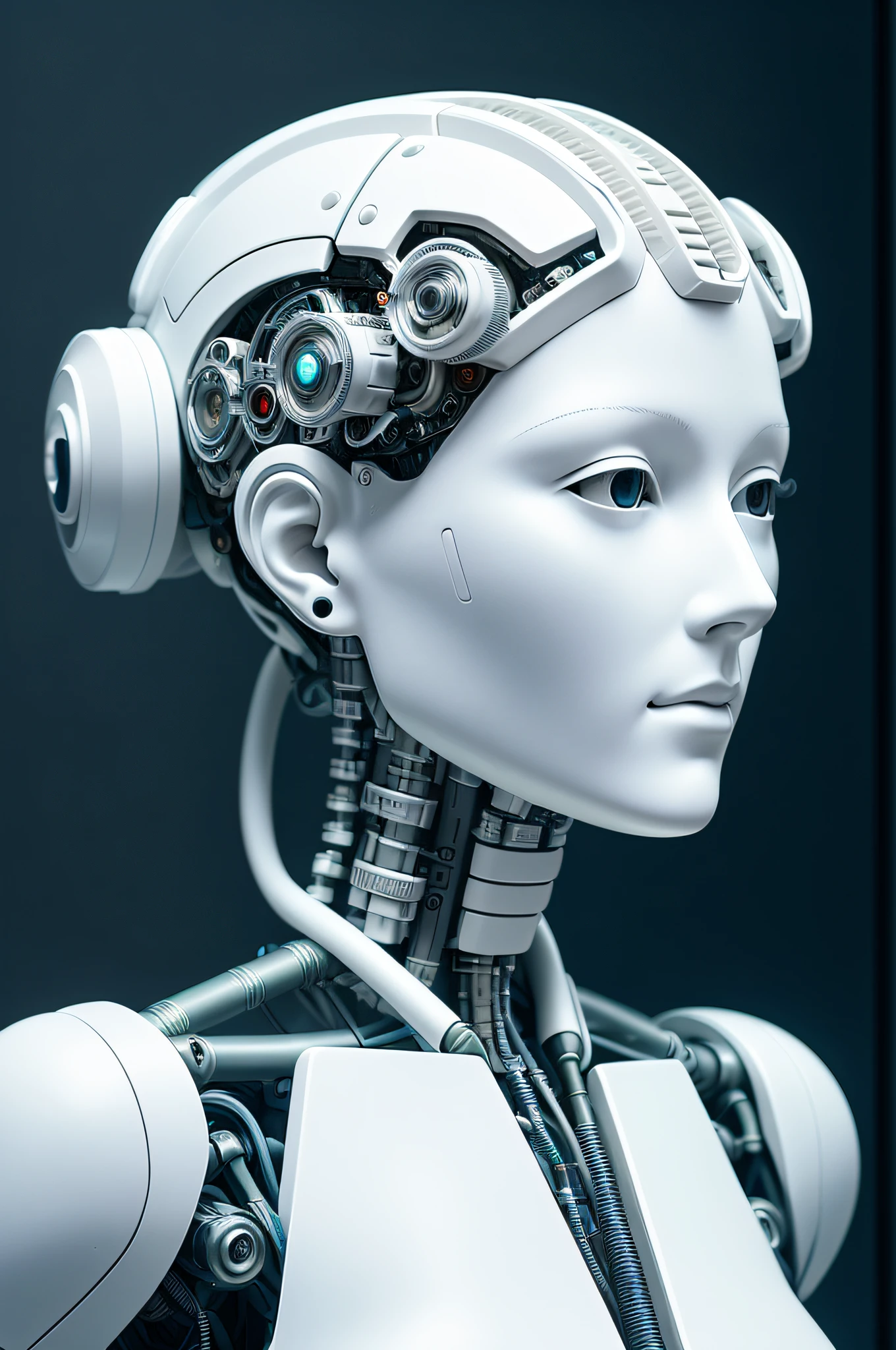 look at a camera| electronic system on head humanoid |cyborg woman| with a visible detailed brain| with a visible detailed heart| muscles cable wires| biopunk| cybernetic| cyberpunk| white marble bust| canon m50| 100mm| sharp focus| smooth| hyperrealism| highly detailed| intricate details| carved by michelangelo