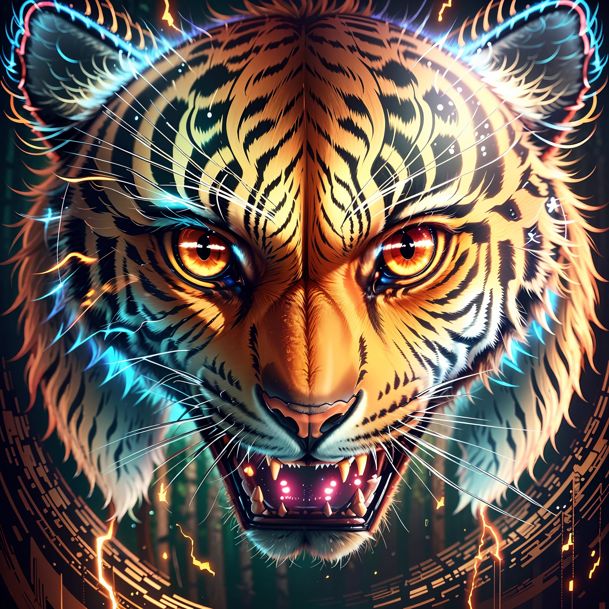 closeup a tiger in a dark forest, red glowing eye, black and yellow stripe in body, thunderstorm atmosphere, 4k photo 3d, ultra HD --auto --s2
