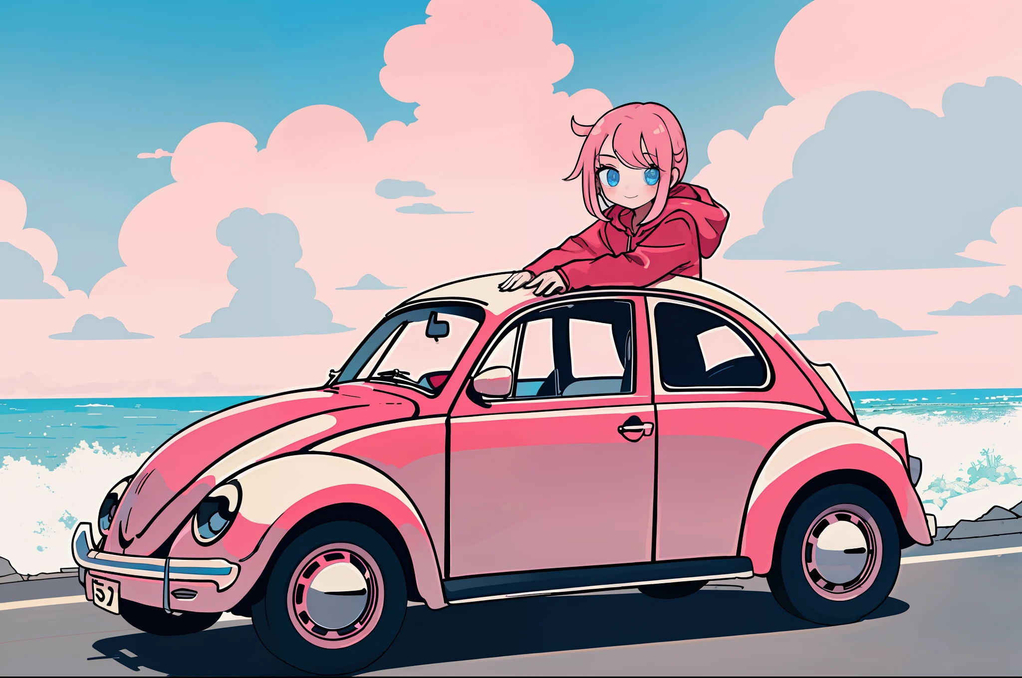 masterpiece, best qaulity, ((1 girl)), solo, (volkswagen beetle), smlie, seashore street, full body, sneakers, squatting next to the car, red hoodie, cumulonimbus cloud, dreamy atmosphere, looking at viewer, pink hairs, blue eyes,