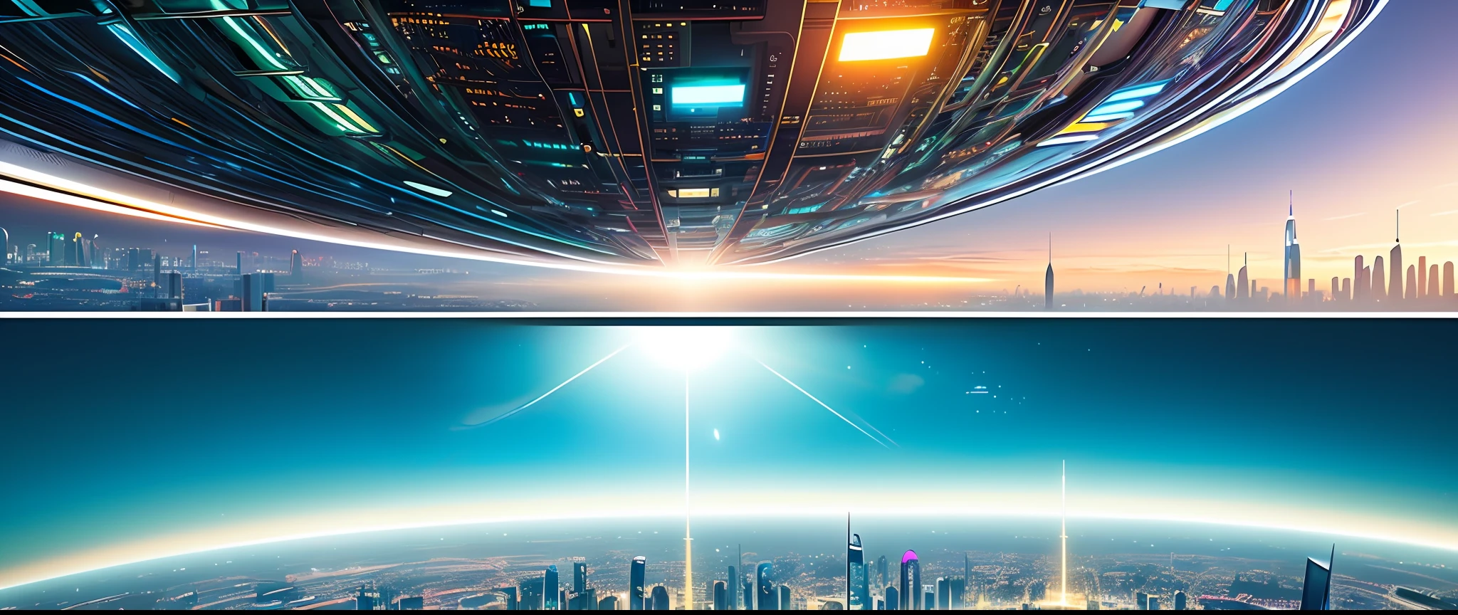 Uma grande cidade futuristica em um planeta com dois sois, high detail, Futurism, cinematic lighting, reflection light, atmospheric perspective, panorama, f/4.0, Nikon, UHD, super detail, high details, high quality, best quality, 8k