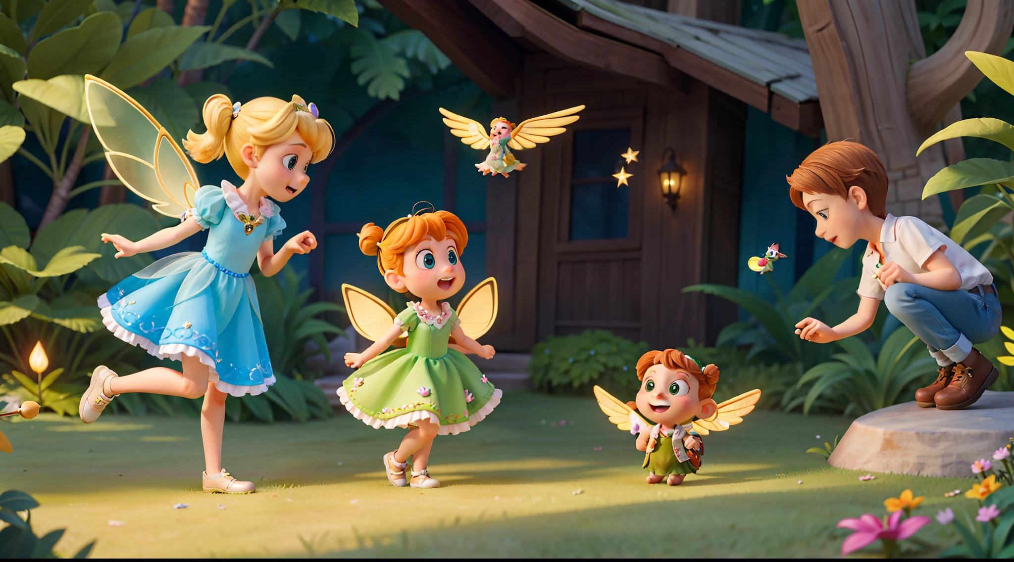 The children, named Lily, Oliver, Mia, and Benjamin, were captivated by Tinkerbell's radiant presence. They were instantly drawn to her magical aura and sparkling wings. Tinkerbell, always mischievous, decided to grant each child a wish. She knew that the true magic was in their hearts, and their desires would come to life through her enchantment.