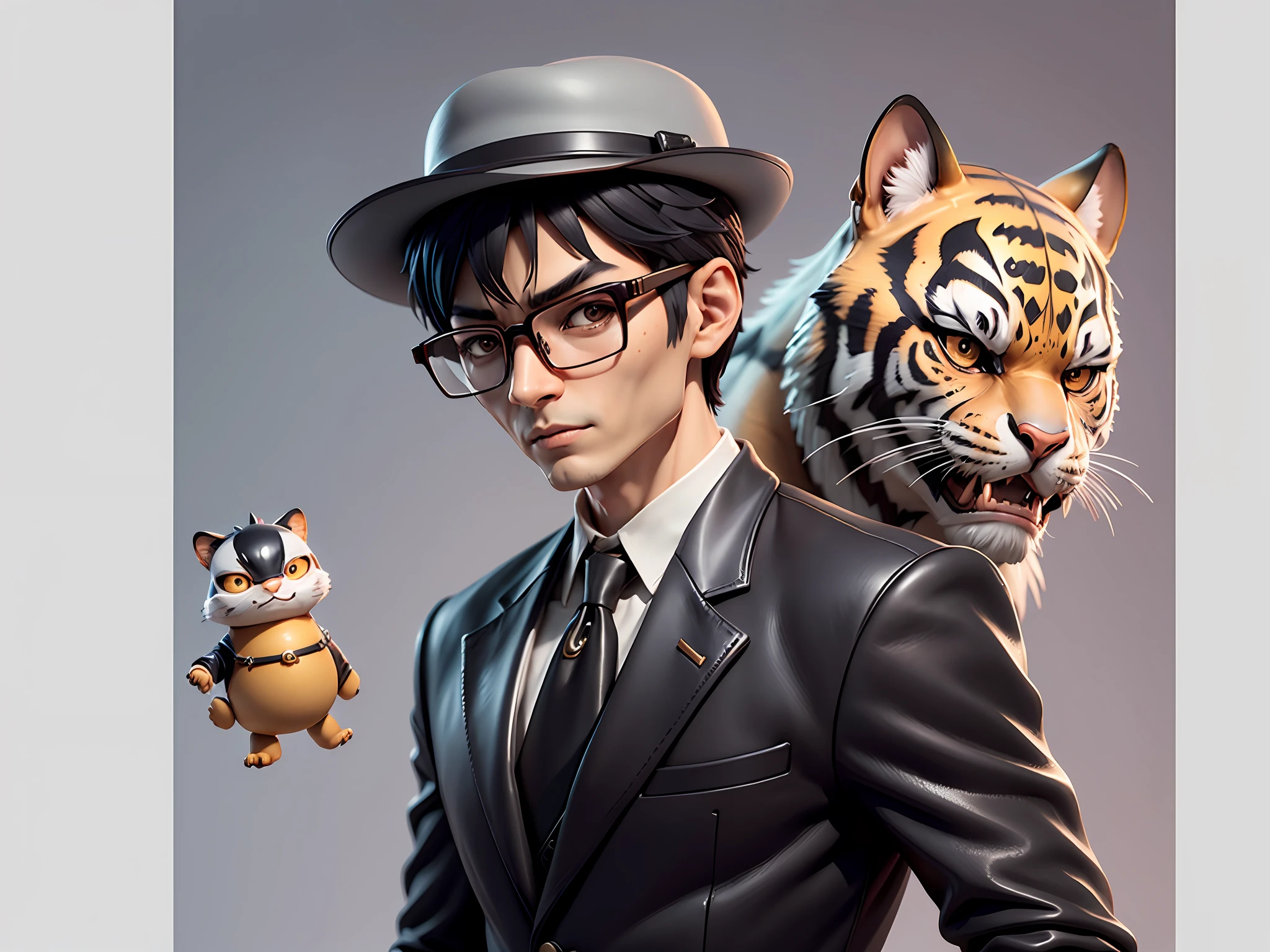 Young man with oriental face in leather hat, tiger, oriental face in formal suit, short black hair, silver glasses, digital painting, 3D character design by Mark Clairedon and Pixar and Hayao Miyazaki and Akira Toriyama, the illustration is a high-definition illustration in 4K resolution with very detailed facial features and cartoon-style visuals.