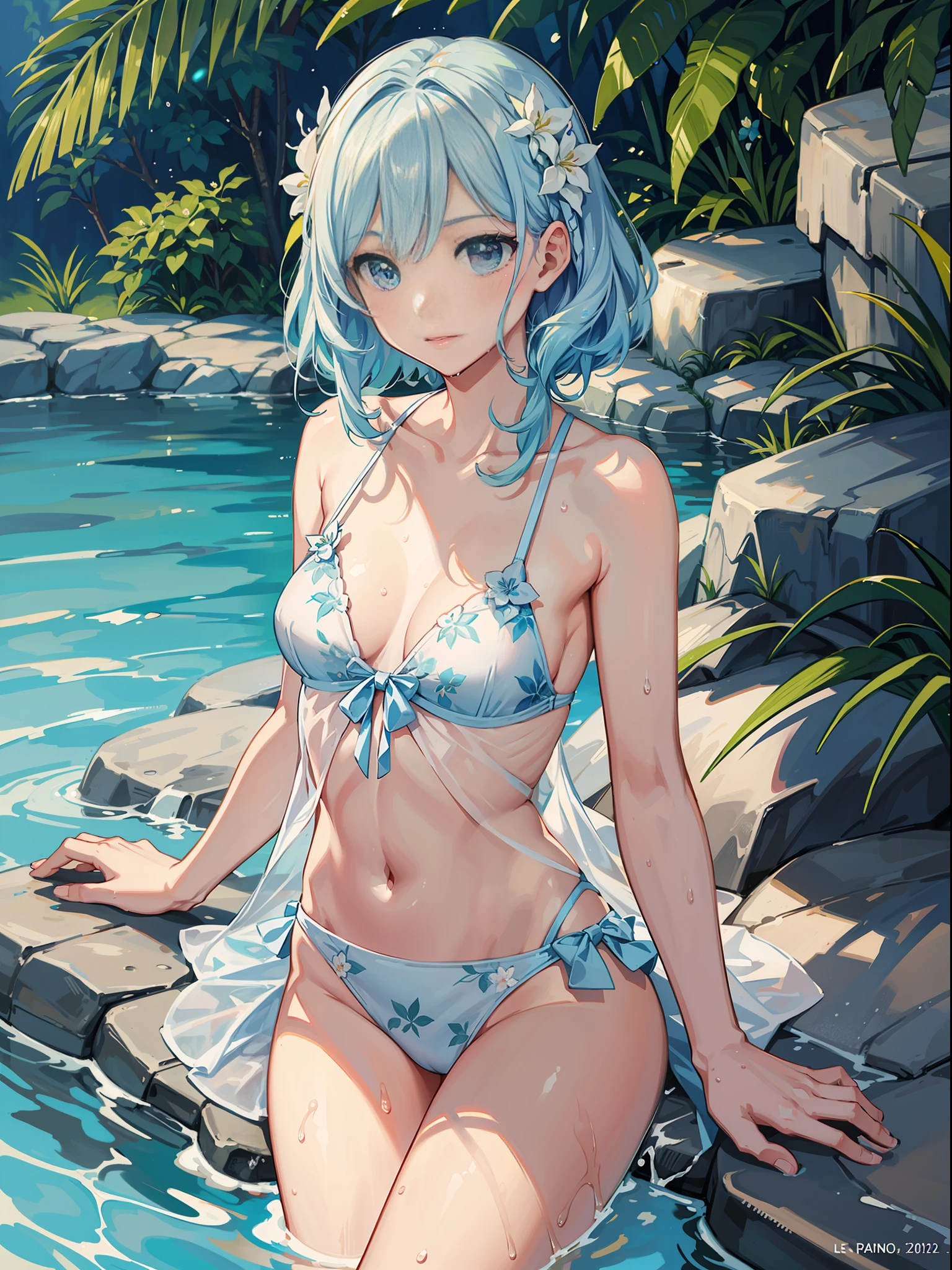 slender pretty girl}, {floral swimsuit}, light blue hair, high resolution, top quality, super detail, fine details, no blush, pool, splash, wet water, sunny sky, wet skin, small breasts