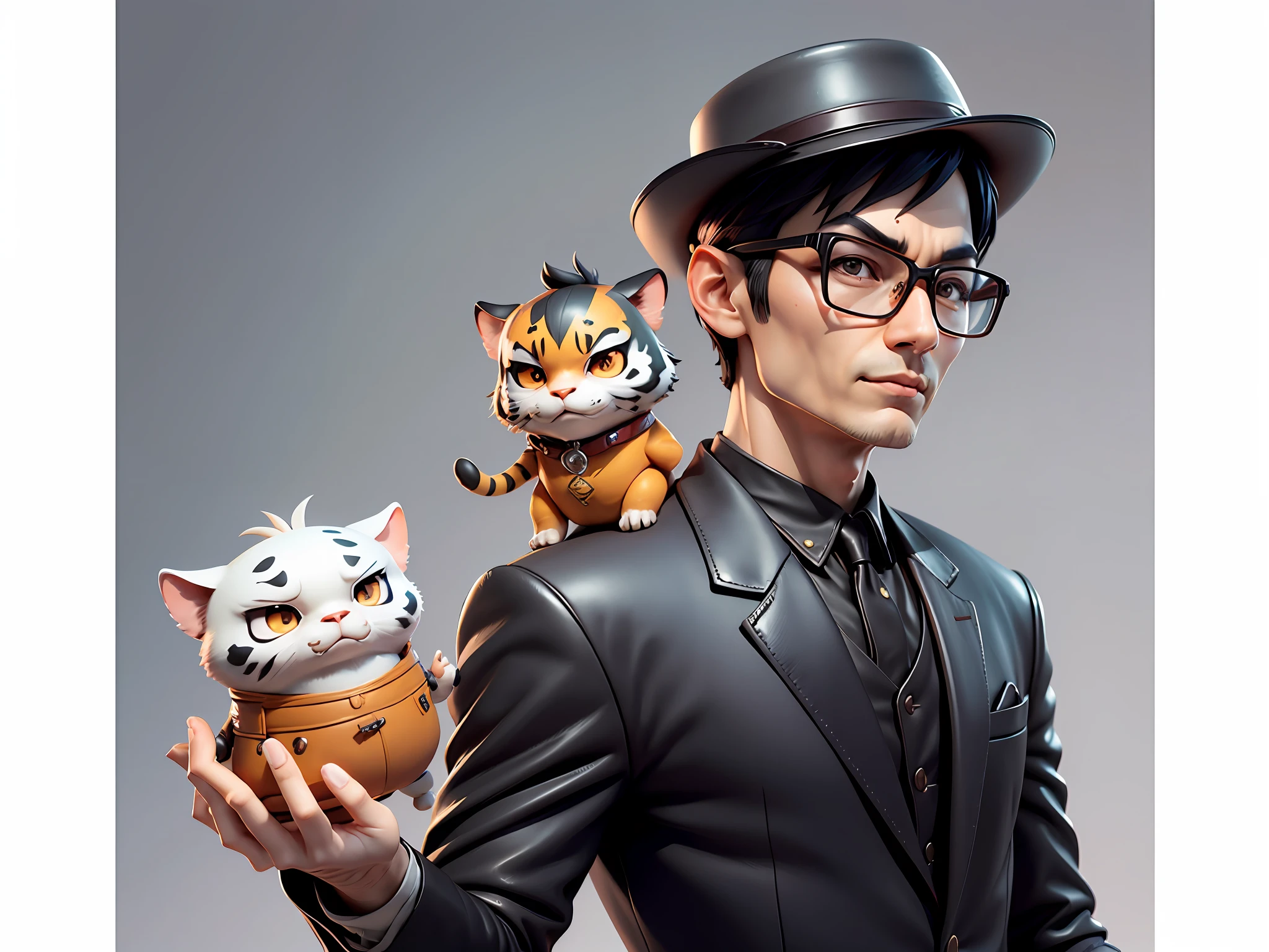 Young man with oriental face in leather hat, tiger, oriental face in formal suit, short black hair, silver glasses, digital painting, 3D character design by Mark Clairedon and Pixar and Hayao Miyazaki and Akira Toriyama, the illustration is a high-definition illustration in 4K resolution with very detailed facial features and cartoon-style visuals.