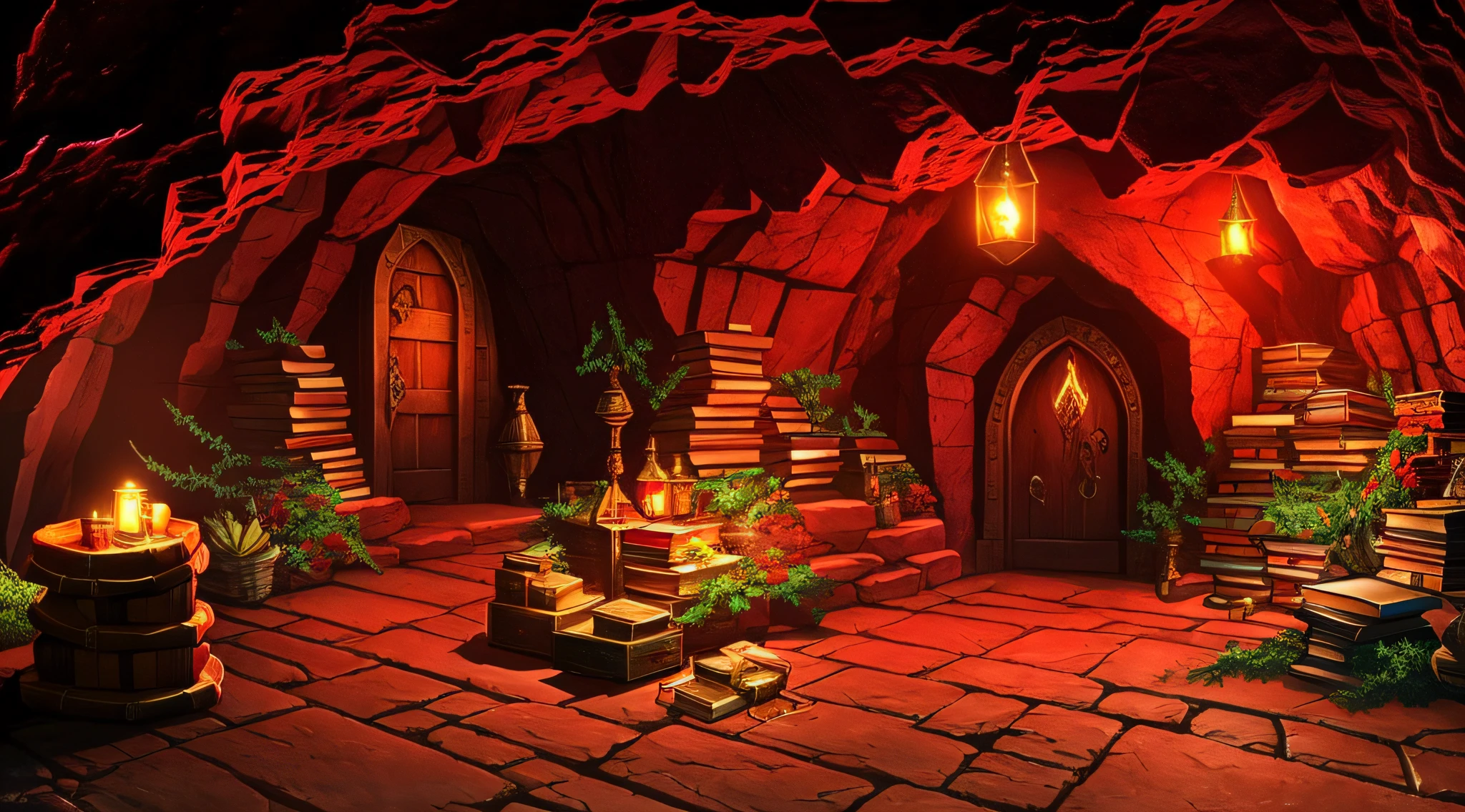 A cave with red lighting, with several human skulls, books and potions, some bags of gold with coins inside. some medicinal herbs. --auto --s2