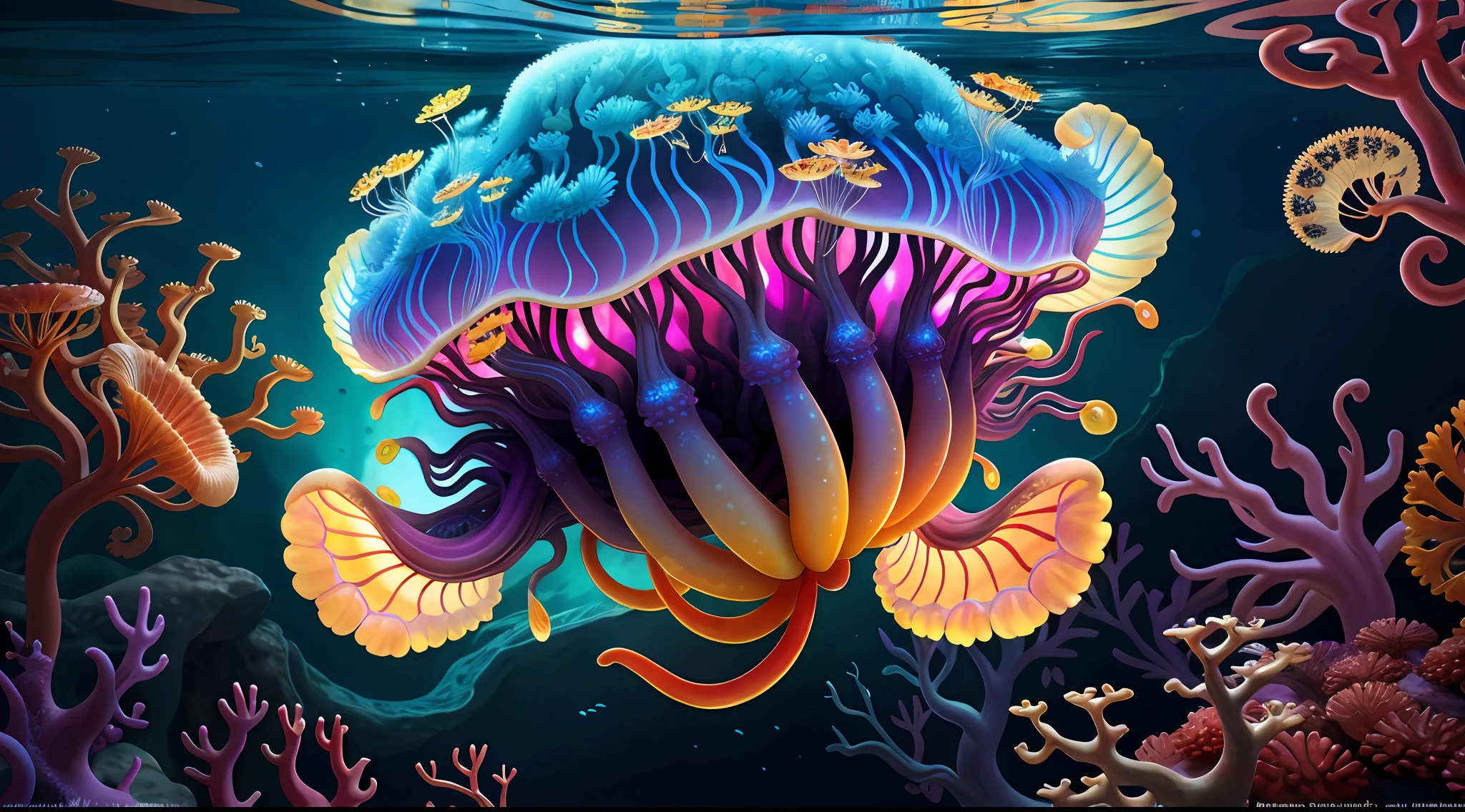 Colorful, master composition, focus on key figures, realism, masterpiece, award-winning, best quality, masterpiece, ultra-detailed, 8K, extremely detailed CG Unity 8k wallpaper, complex, highly detailed, realistic, "under water, intricate details, macro shot glowing jellyfish girl, coral, light bulb, brightness, (neutral color: 1.2), ultra-detailed, cinematic, complex background, huge ocean twisted Mandelbrot fractal shell, golden pearl nacre, hyper detail, ArtStation, Octane Renderer, (Color Acne: 1.3)",