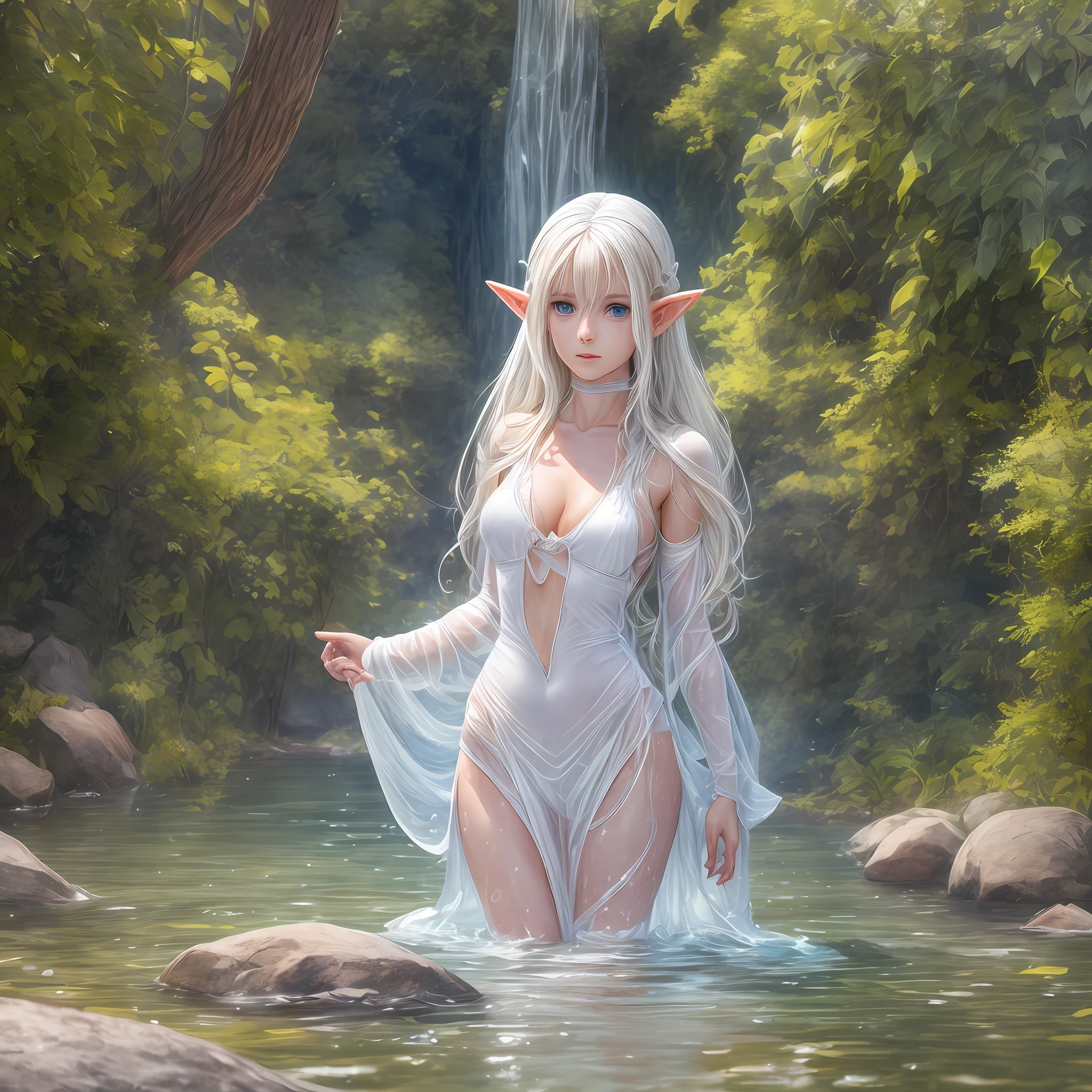 Young elf emerging from the water of a lake, upper body, tight and transparent white clothes --auto --s2