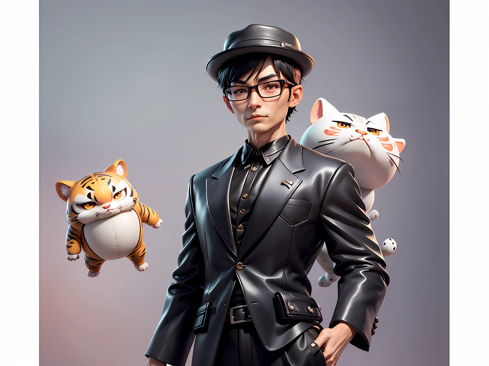 Young man with oriental face in leather hat, tiger, oriental face in formal suit, short black hair, silver glasses, digital painting, 3D character design by Mark Clairedon and Pixar and Hayao Miyazaki and Akira Toriyama, the illustration is a high-definition illustration in 4K resolution with very detailed facial features and cartoon-style visuals.