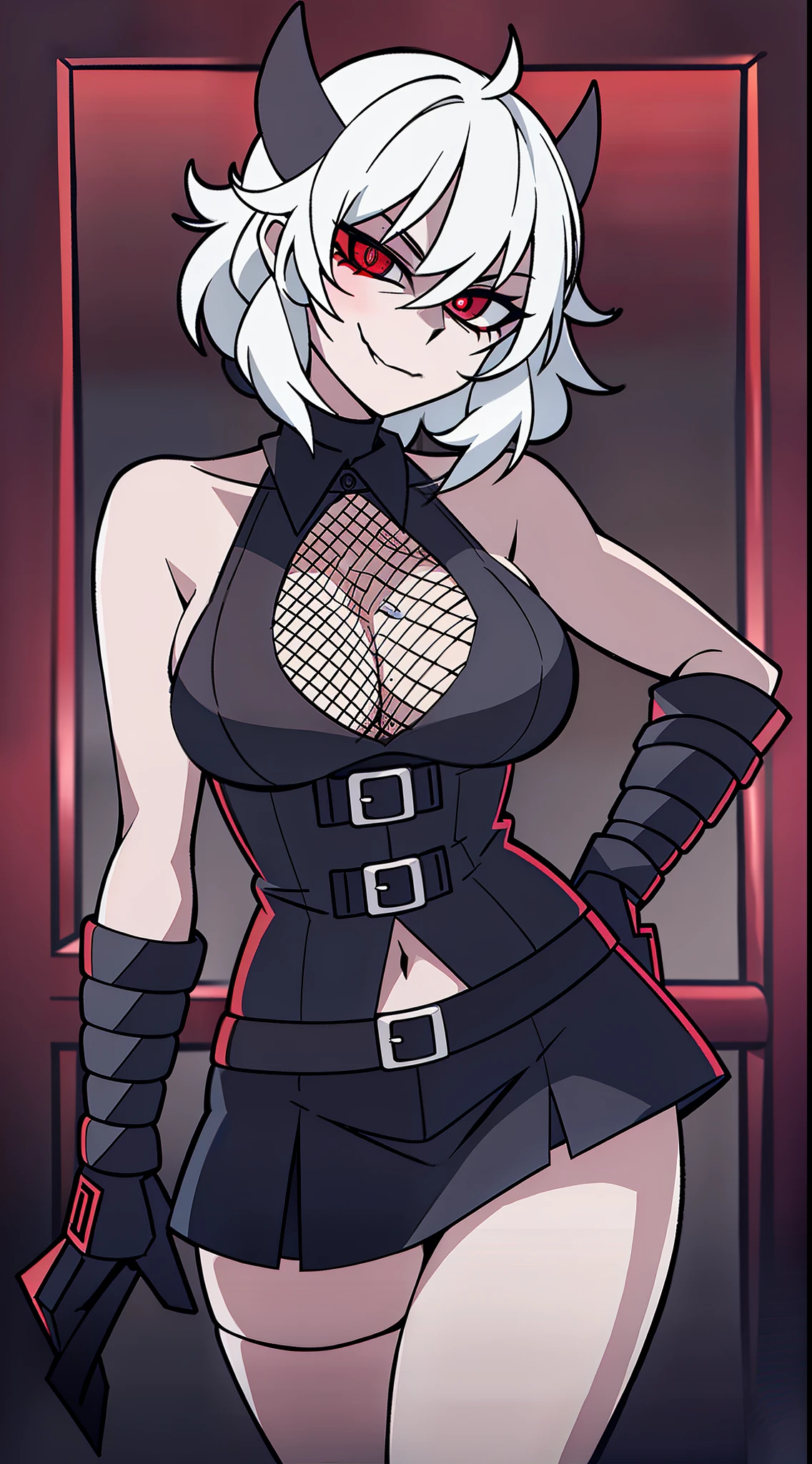 1girl, look at viewer, cute, breast, full body, Helltaker, detailed lighting, detailed body, detailed hair, detailed, masterpiece, red eyes, glowing eyes, night, torn red tank top, black mini-skirt, Fishnet stockings, black boots, black horns, short messy hair, white hair, smug smile, seductive look, half-closed eyes, Nightclub, neon lights