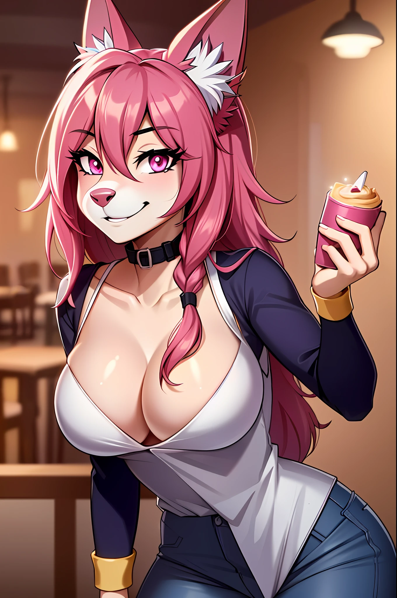 ((masterpiece, best quality)), (anthro furry:1.3, muzzle:1.2, anthro:1.3, furry:1.2, closeup:1.2, female solo:1.2, cleavage, leaning forward, smile, red), no blouse, sweatpants,transparent blouse,back showing butt,cute panties, fox spiraled in funtime foxy colors,five nights at freddy,white skin pink details, pink eyes, sexy position, ambient place, pizzeria five nights at freddy