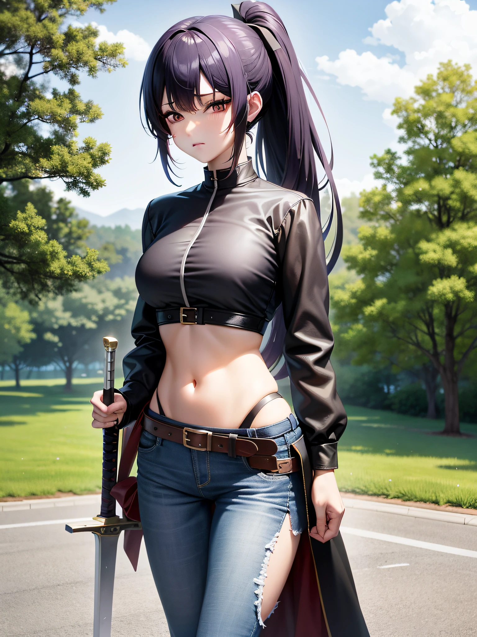 masterpiece,bestquality,highres,1girl,solo,sheathed,asymmetricalclothes,navel,purpleeyes,verylonghair,tiedshirt,midriff,hairribbon,singlepantsleg,whiteshirt,ponytail,blackhair,largebreasts,jeans,whiteribbon,brownbelt,purplehair,asymmetricallegwear,,outdoors,cowboyshot,sword,weapon,