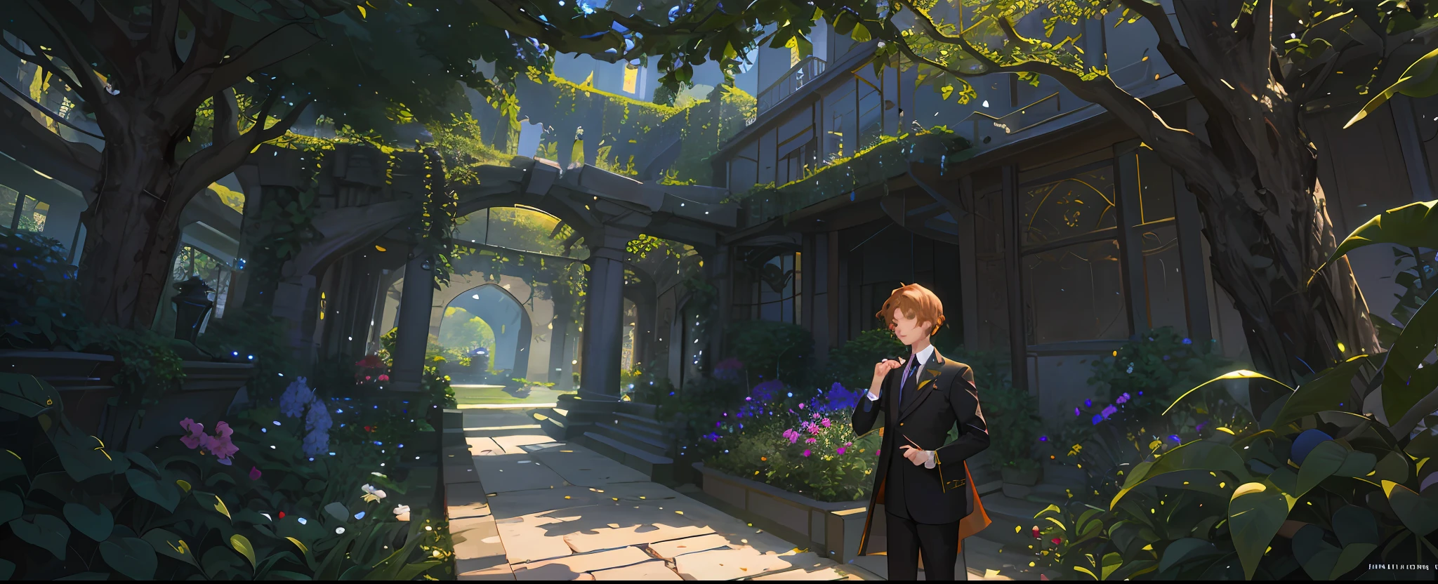 Masterpiece, best quality, cinematic lighting, beautiful concept art, surrealism, epic scene, 8K, The garden is a magical oasis filled with vibrant flowers, sparkling streams and an atmosphere of mystery. Young Milo's eyes widened in astonishment as he stepped onto the path, feeling a tingle of anticipation.