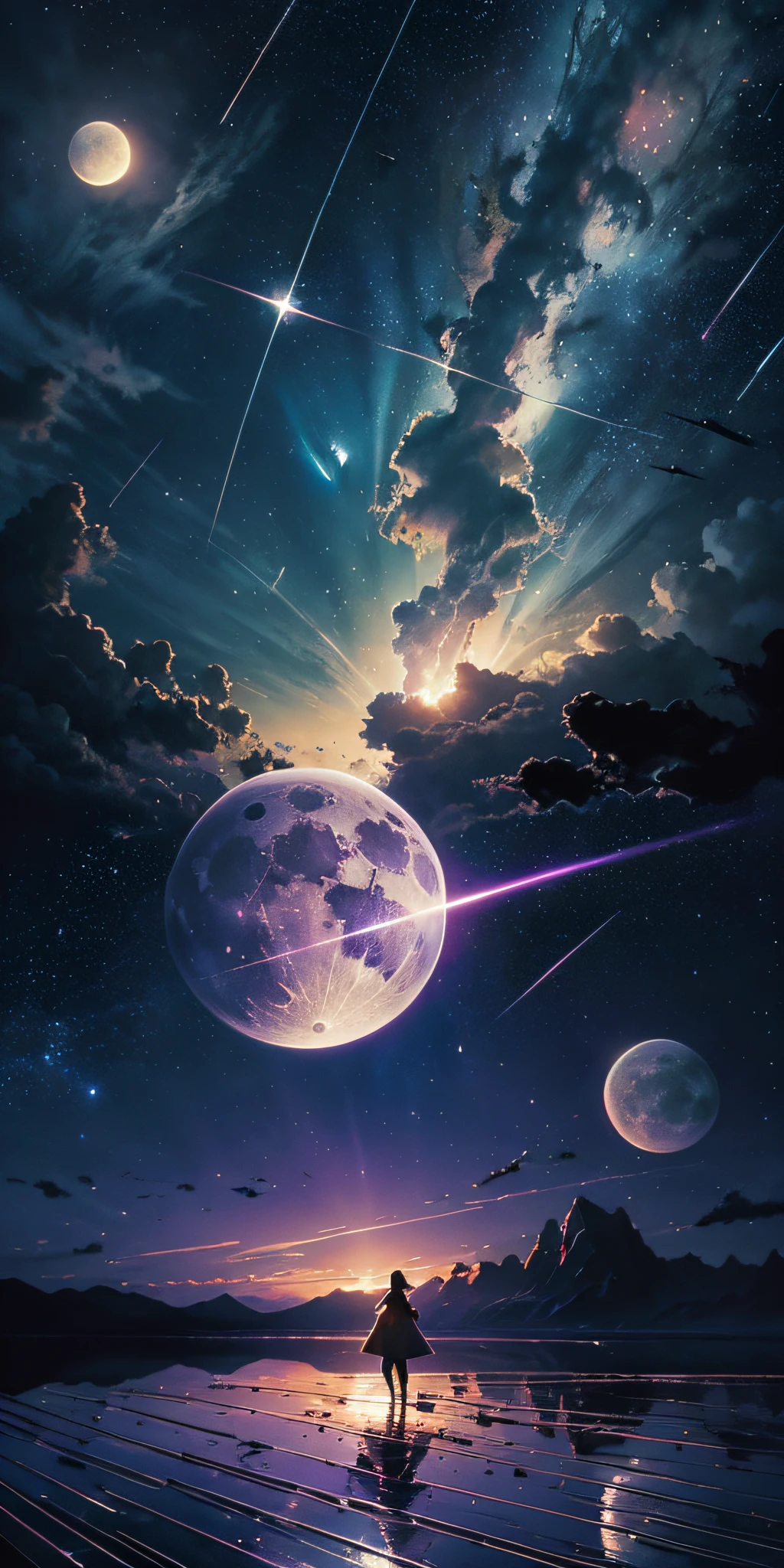 expansive landscape photography, (a view from below that shows the sky above and the open field below), an elf princess in a field of flowers looking up, (full moon: 1.2), (shooting stars: 0.9), (nebula: 1.3), distant mountain, tree BREAK production art, (hot light source: 1.2), (Firefly: 1.2), lamp, very purple and orange,  complex details, volumetric lighting BREAK (masterpiece: 1.2), (best quality), 4k, ultra-detailed, (dynamic composition: 1.4), highly detailed color details (iridescent colors: 1.2), (bright lighting, atmospheric lighting), dreamy, magical, (solo: 1.2)