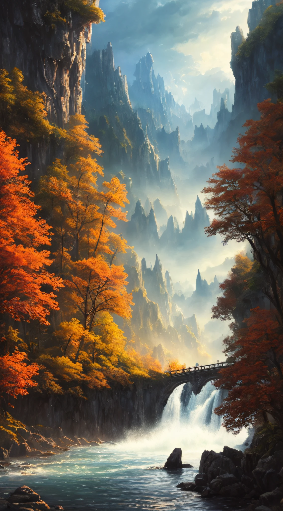 Masterpiece, best quality, high quality, extremely detailed CG 8k wallpaper unit, charming dream scene of dream forest, imposing trees, hidden fairy gorge, creating a mysterious and charming feel, artstation, digital illustration, complex, trend, pastel colors, oil painting, award-winning photography, bokeh, depth of field, HDR, bloom, chromatic aberration, realism, very detailed,  artstation trend, CGsociety trend, complex, high detail, dramatic, dark art, clouds, sun, waterfalls,