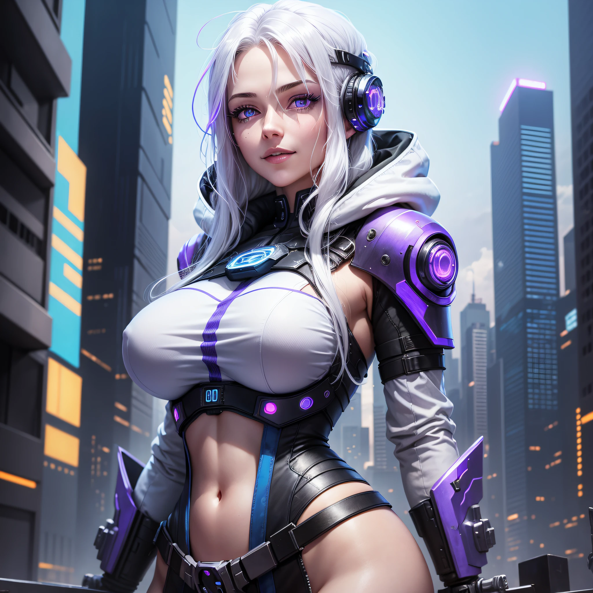 Cyberpunk background, hood woman, 18 years old, white hair, cyberghost, sexy, mature, calm, white long curly hair, big breasts, exposed navel, exposed shoulders, smile 1.4, smile, on a blue background with a sense of technology, strong color contrast, partial realistic style, spiritual eyes, calm personality, half body, dynamic posture, cold face, purple and blue special effects surrounding, standing with a sword, cyberpunk background --auto --s2