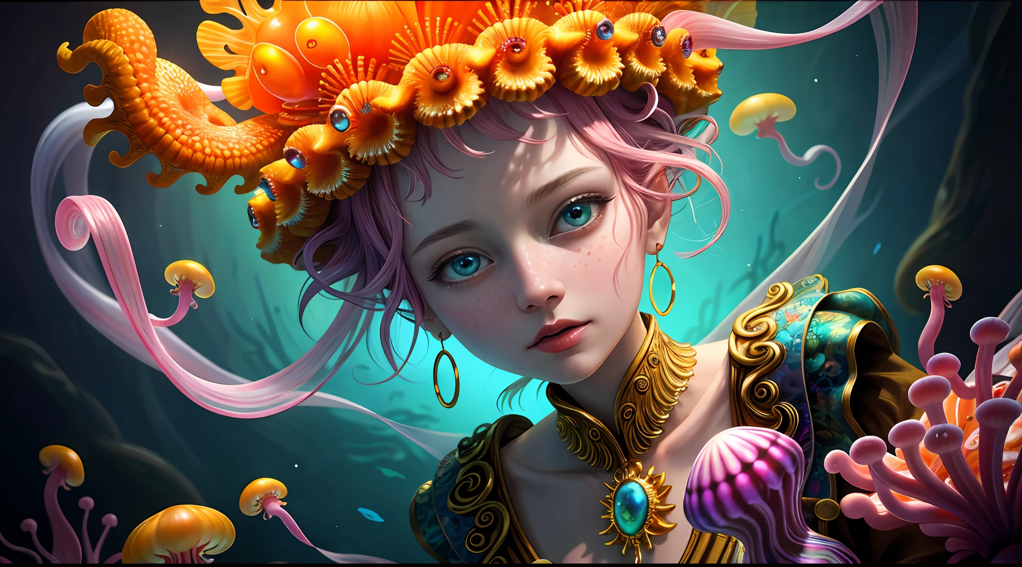 Colorful, master composition, focus on key figures, realism, masterpiece, award-winning, best quality, masterpiece, ultra-detailed, 8K, extremely detailed CG Unity 8k wallpaper, complex, highly detailed, realistic, "under water, intricate details, macro shot glowing jellyfish girl, coral, light bulb, brightness, (neutral color: 1.2), ultra-detailed, cinematic, complex background, huge ocean twisted Mandelbrot fractal shell, golden pearl nacre, hyper detail, ArtStation, Octane Renderer, (Color Acne: 1.3)",