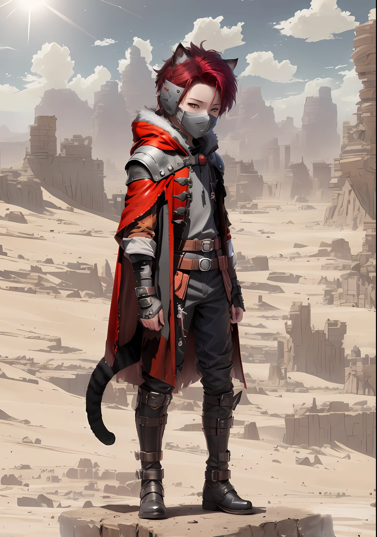 Realistic Anime - preteen child boy, style image of a child with red hair and a cat ear, eyes with cat pupil, cat tail, mask, Guweiz style art, Guweiz, G Liulian Art Style, Guweiz in ArtStation Pixiv, 2. 5 D CGI Anime Fantasy Artwork, Digital Anime Illustration, Detailed Digital Art Anime, Made with Anime Painter Studio, Super Detailed, Detailed Realistic Anime Outfit, Anthropomorphic Cat Boy