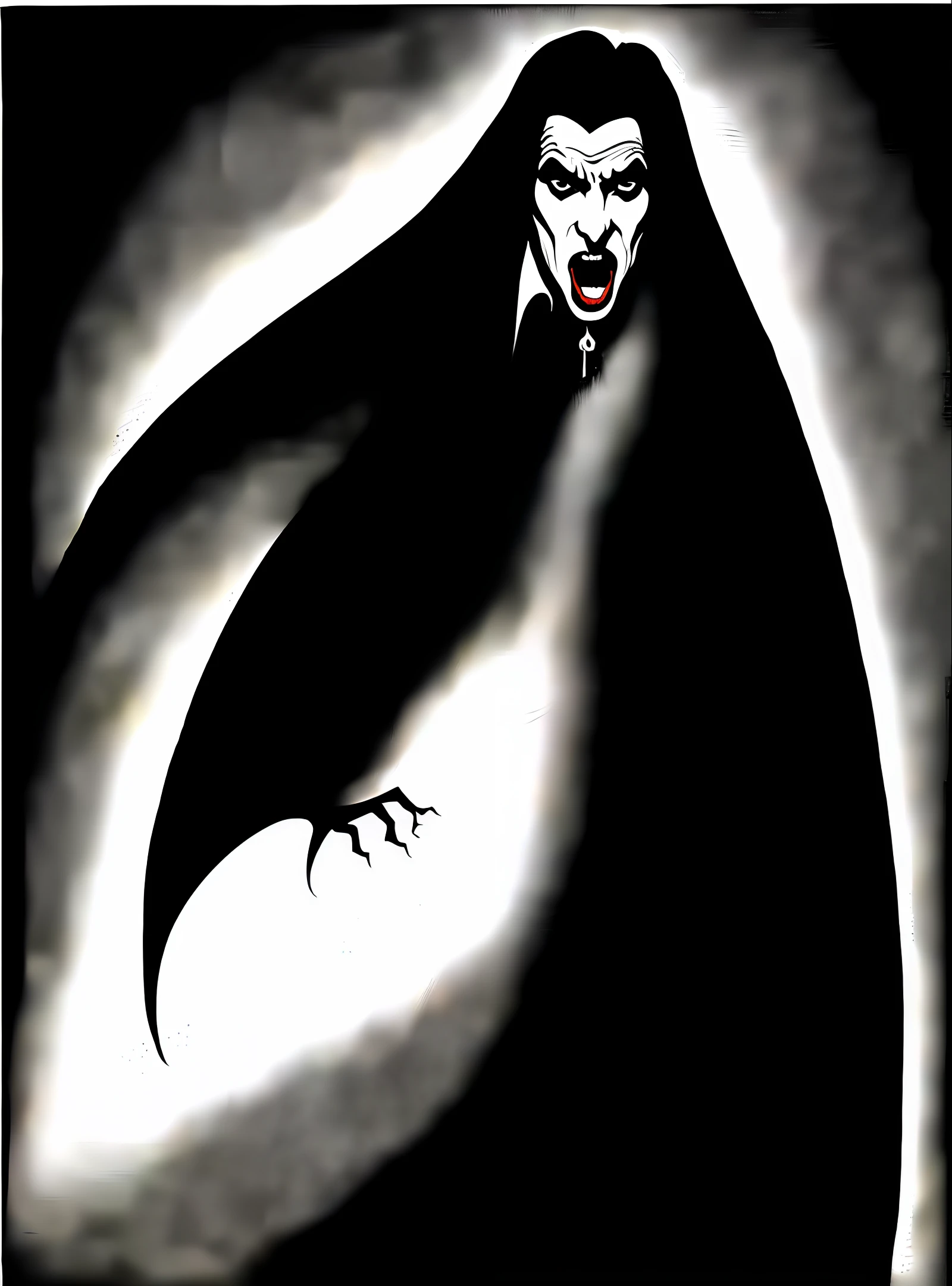 cinematic scene from 2023, Horror, Dracula, full body shot, a male trompe l'oeil vampire with fangs and claws, opening his mouth wide, coming out of a swirling vortex, illusion of depth, opt art, optical illusion, captured by Sony CineAlta, german expressionism, dramatic lighting, strong contrasts, distorted perspectives, chiaroscuro, angular shapes, extreme close-up, haunting, psychological thriller, color fill-in, ultrarealistic, photorealistic
