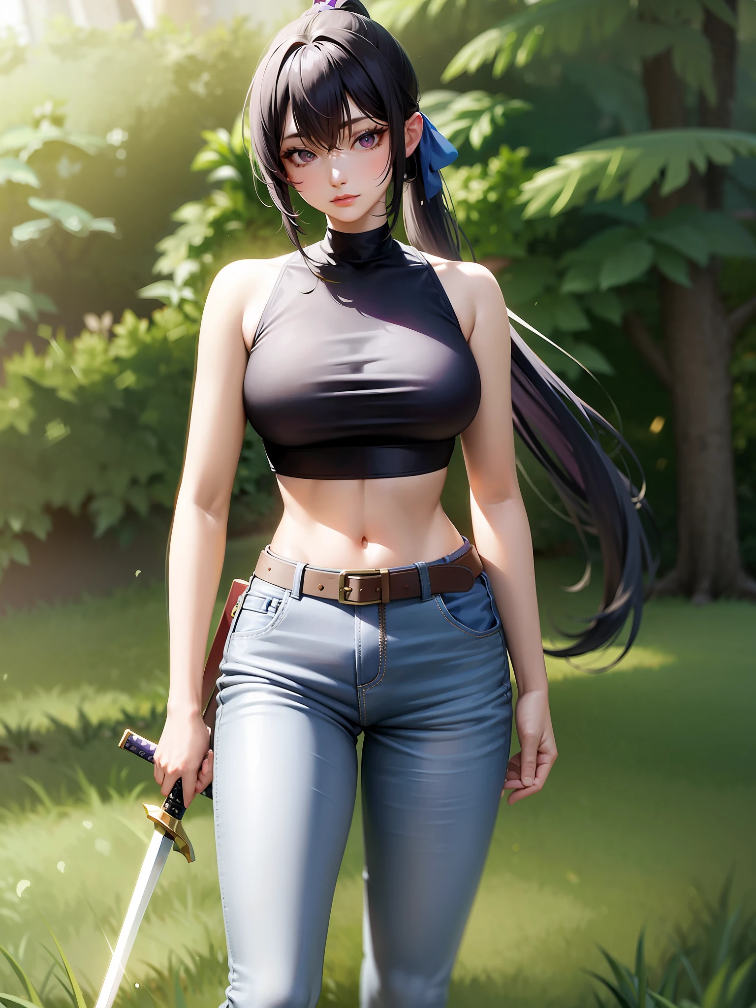 masterpiece,bestquality,highres,1girl,solo,sheathed,asymmetricalclothes,navel,purpleeyes,verylonghair,tiedshirt,midriff,hairribbon,singlepantsleg,whiteshirt,ponytail,blackhair,largebreasts,jeans,whiteribbon,brownbelt,purplehair,asymmetricallegwear,,outdoors,cowboyshot,sword,weapon,