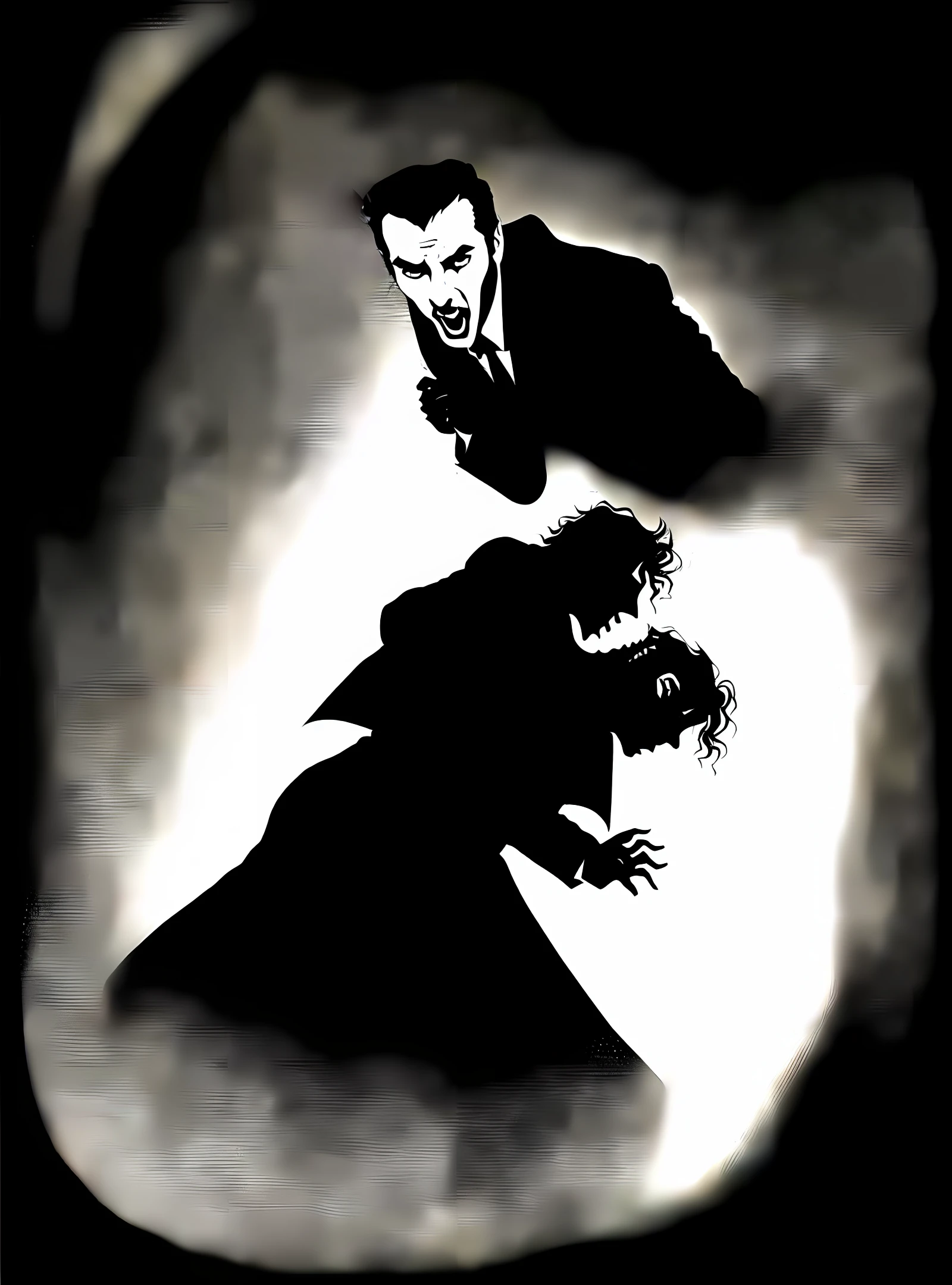 cinematic scene from 2023, Horror, Dracula, full body shot, a male trompe l'oeil vampire with fangs and claws, opening his mouth wide, coming out of a swirling vortex, illusion of depth, opt art, optical illusion, captured by Sony CineAlta, german expressionism, dramatic lighting, strong contrasts, distorted perspectives, chiaroscuro, angular shapes, extreme close-up, haunting, psychological thriller, color fill-in, ultrarealistic, photorealistic