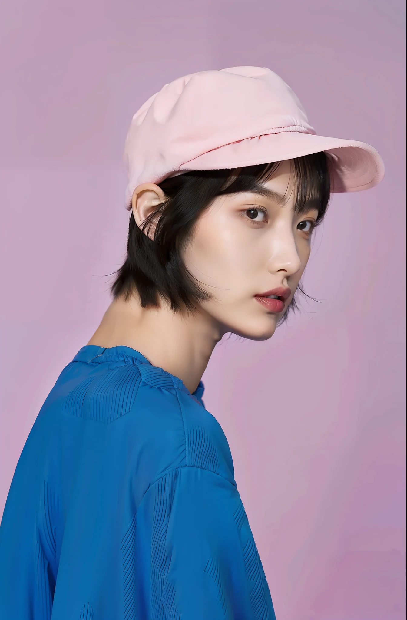 masterpiece, best quality, 1boy, solo, big pink t-shirt, blue hat, short hair