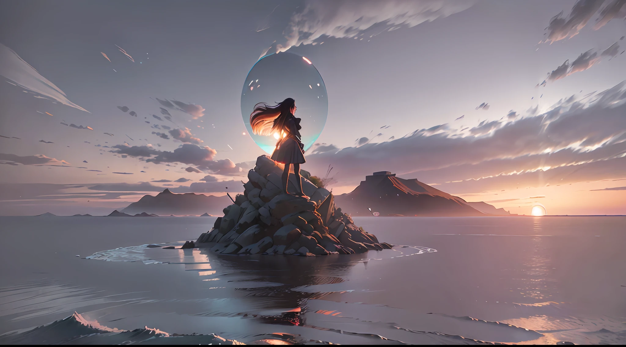 Command: ``/create prompt:a girl standing on a hill  at sunset , dawn over a body of water with a sea in the background, video art, a matte painting, cinematic landscape model:Real`` --auto --s2