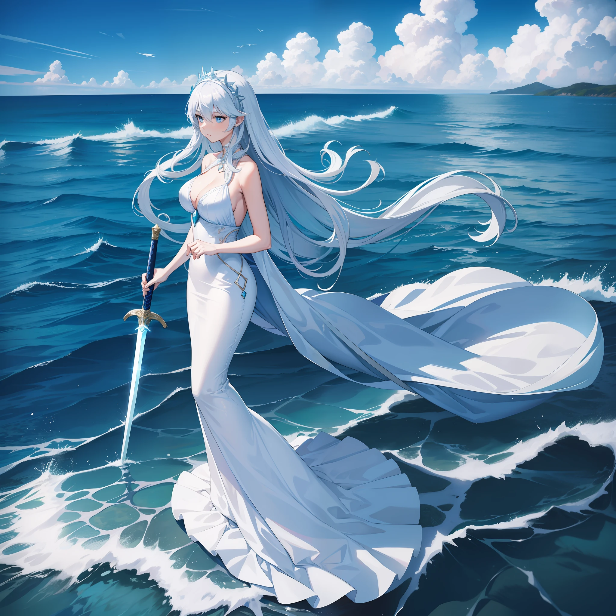 Adult Women, long white hair, wearing a mermaid headband, blue sexy dress, holding a aquamarine sword, standing against the sea in the background,Glare