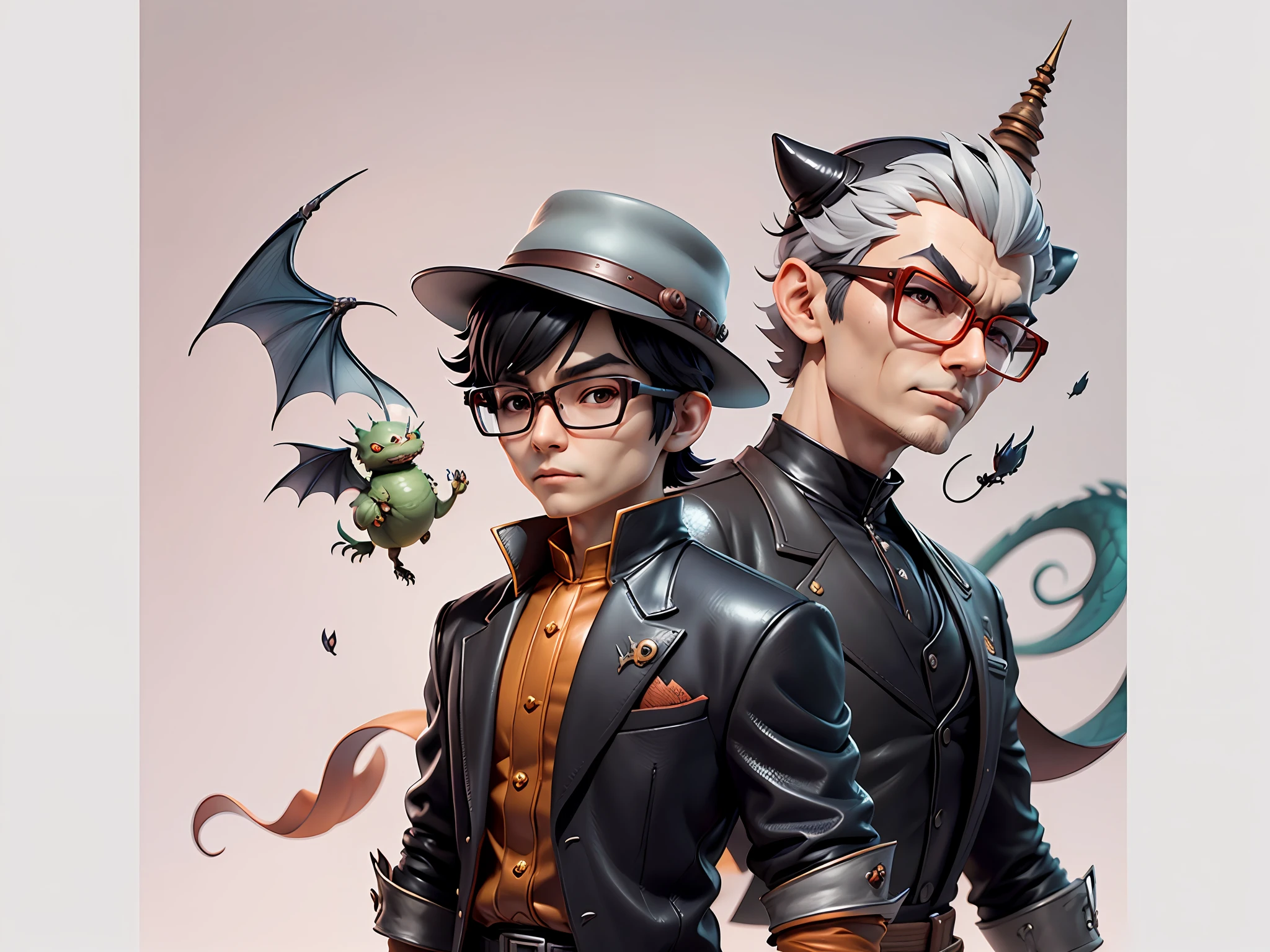 Young man with oriental face in leather hat, dragon, formal suit, short black hair, silver glasses, digital painting, 3D character design by Mark Clairedon and Pixar and Hayao Miyazaki and Akira Toriyama, the illustration is a high-definition illustration in 4K resolution with very detailed facial features and cartoon-style visuals.