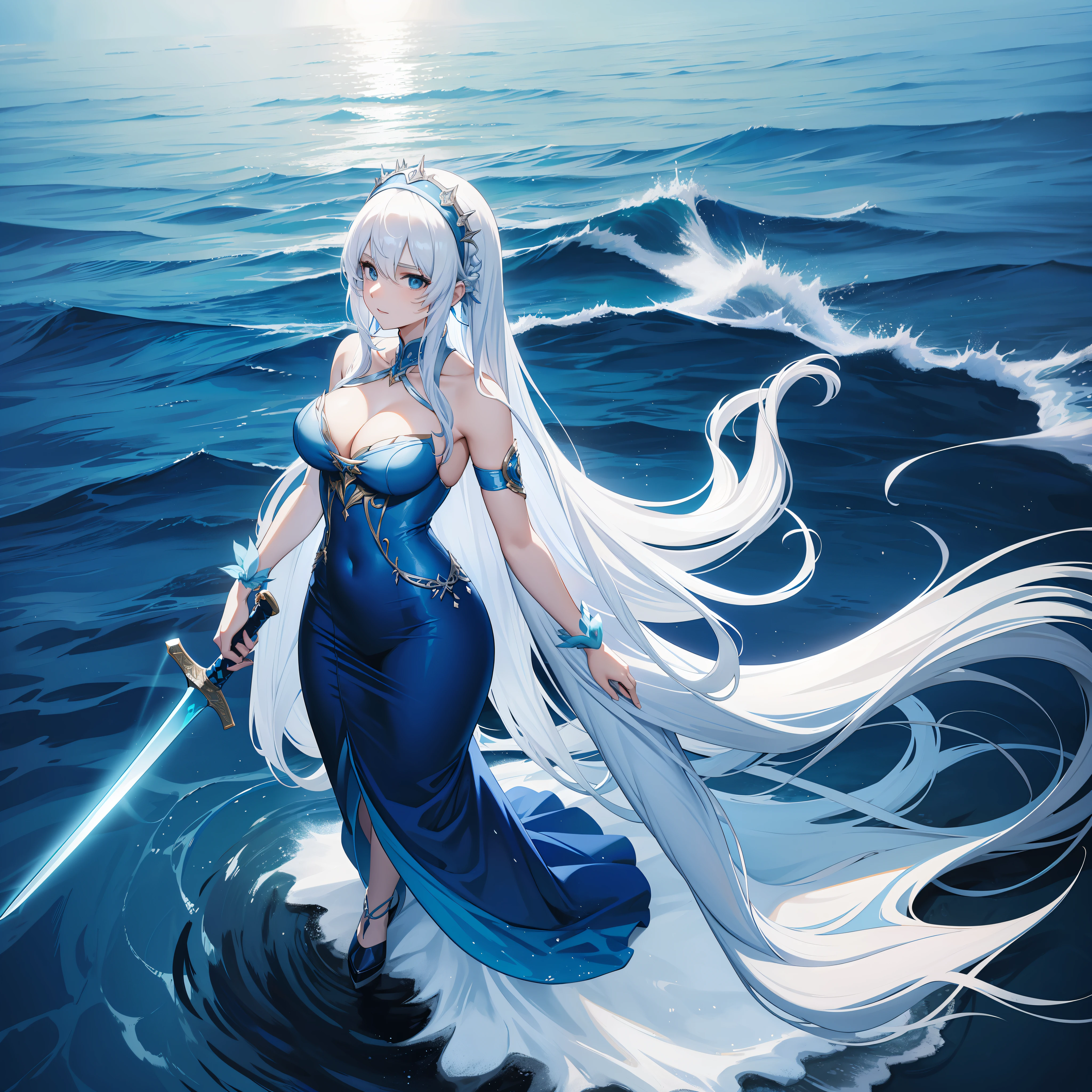 Adult Women, long white hair, wearing a mermaid headband, blue sexy dress, holding a sword, standing against the sea in the background,Glare