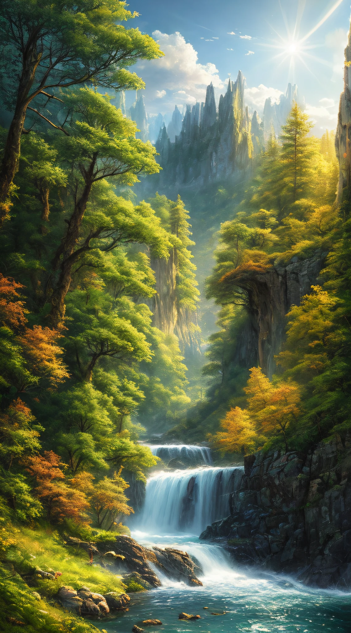 Masterpiece, best quality, high quality, extremely detailed CG 8k wallpaper unit, charming dream scene of dream forest, imposing trees, hidden fairy gorge, creating a mysterious and charming feel, artstation, digital illustration, complex, trend, pastel colors, oil painting, award-winning photography, bokeh, depth of field, HDR, bloom, chromatic aberration, realism, very detailed,  artstation trend, CGsociety trend, complex, high detail, dramatic, dark art, clouds, sun, waterfalls,