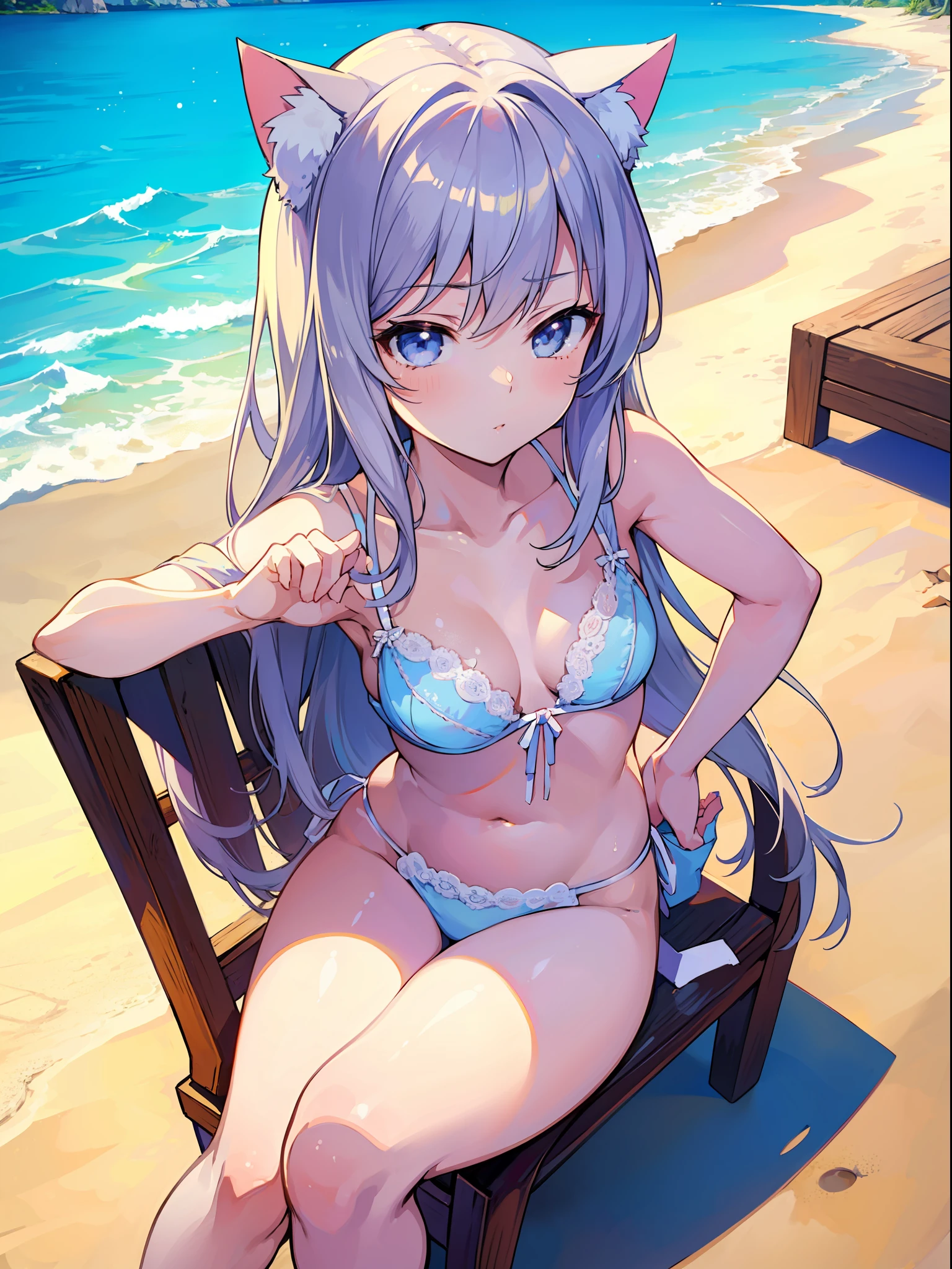 (masterpiece), (best quality anime illustration), (super definition), one girl, solo, silver-haired beautiful girl, anime loli, cat ear loli, sexy lingerie, sexy pose, sitting on the beach