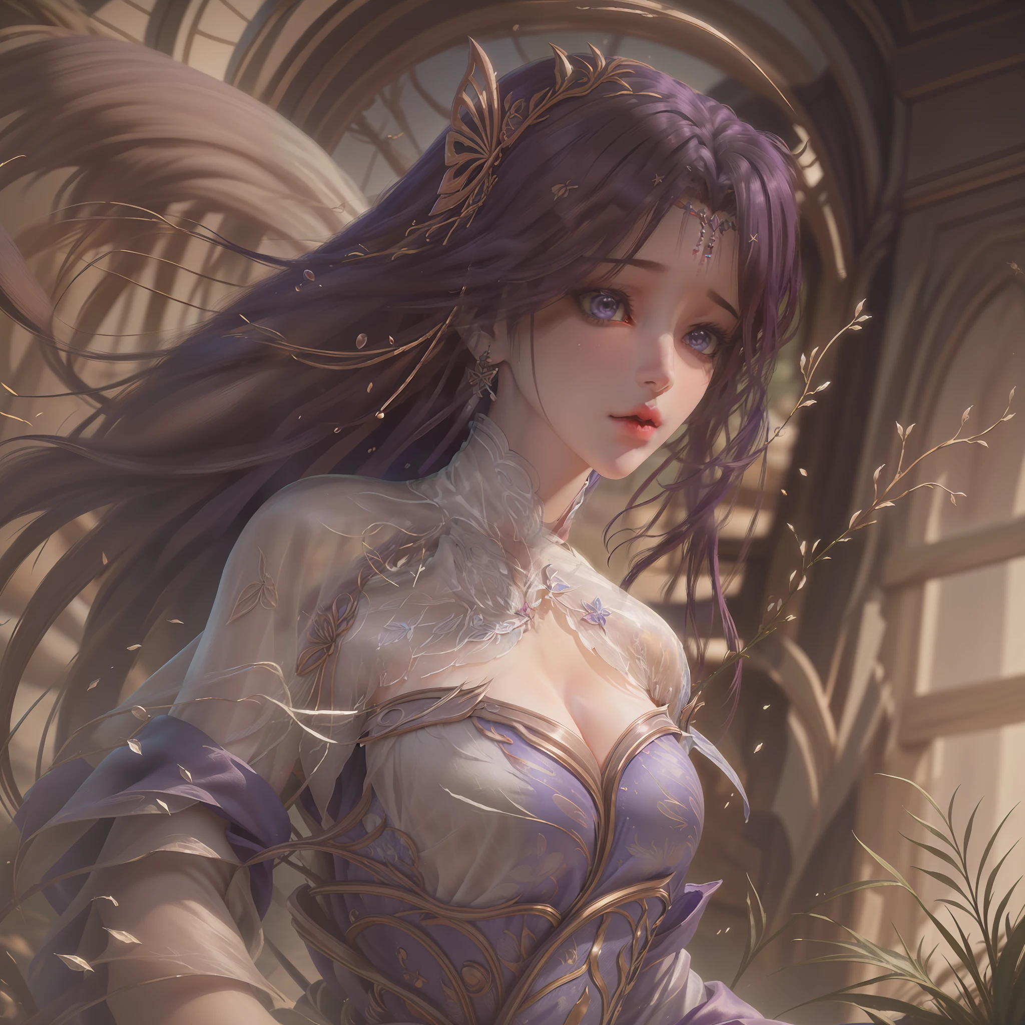 (RAW photo, best quality), (realistic, photo-realistic:1.3),best quality,highly detailed,masterpiece,ultra-detailed,illustration,1girl,upper_body,dynamic angle,world masterpiece theater,messy_long_hair,best quality,extremely detailed CG unity 8k wallpaper,ink,Amazing,cinematic lighting,lens_flare, dunhuang_style