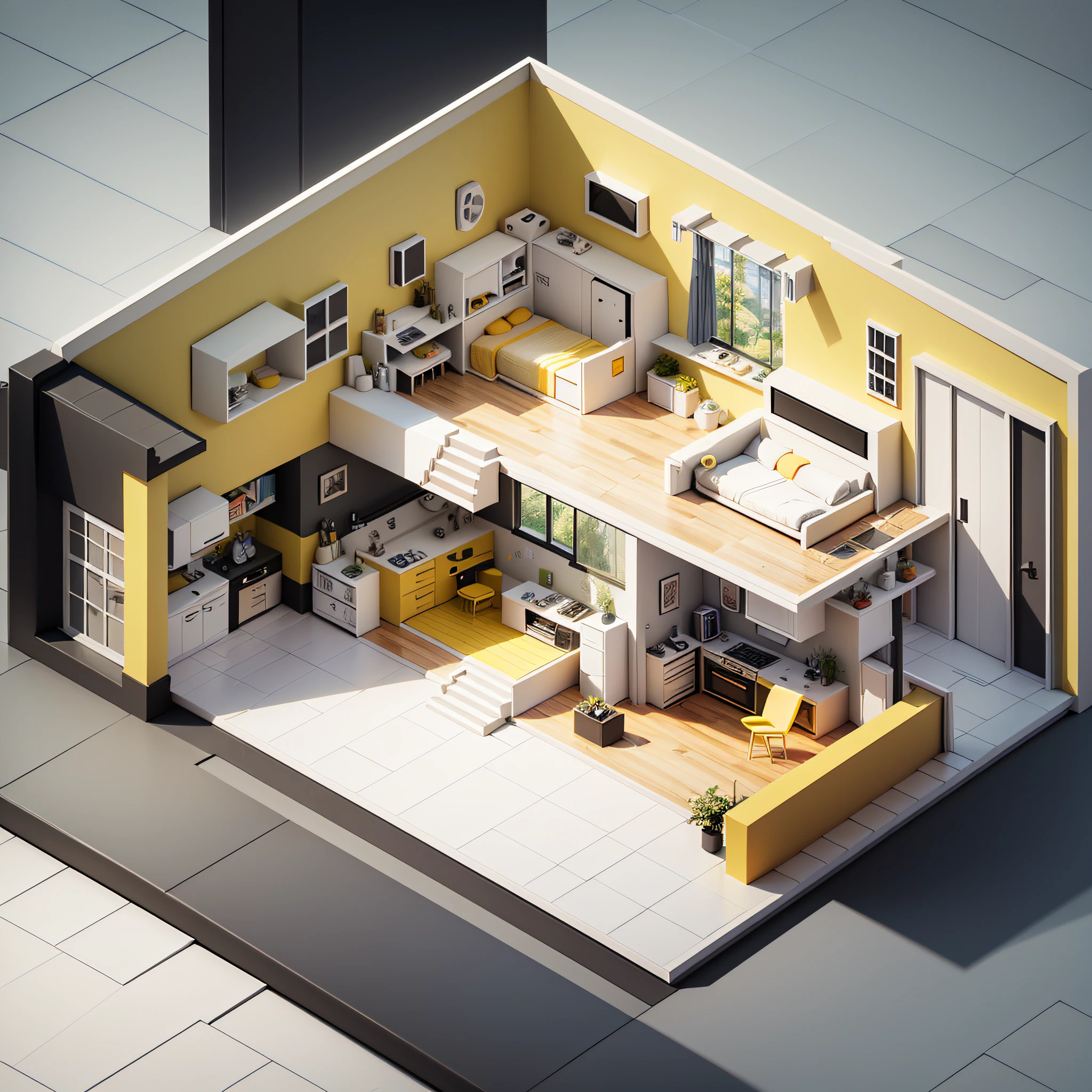 isometric, a house inside, in the style of realistic and hyper-detailed renderings, dark white and yellow, technological design --auto --s2